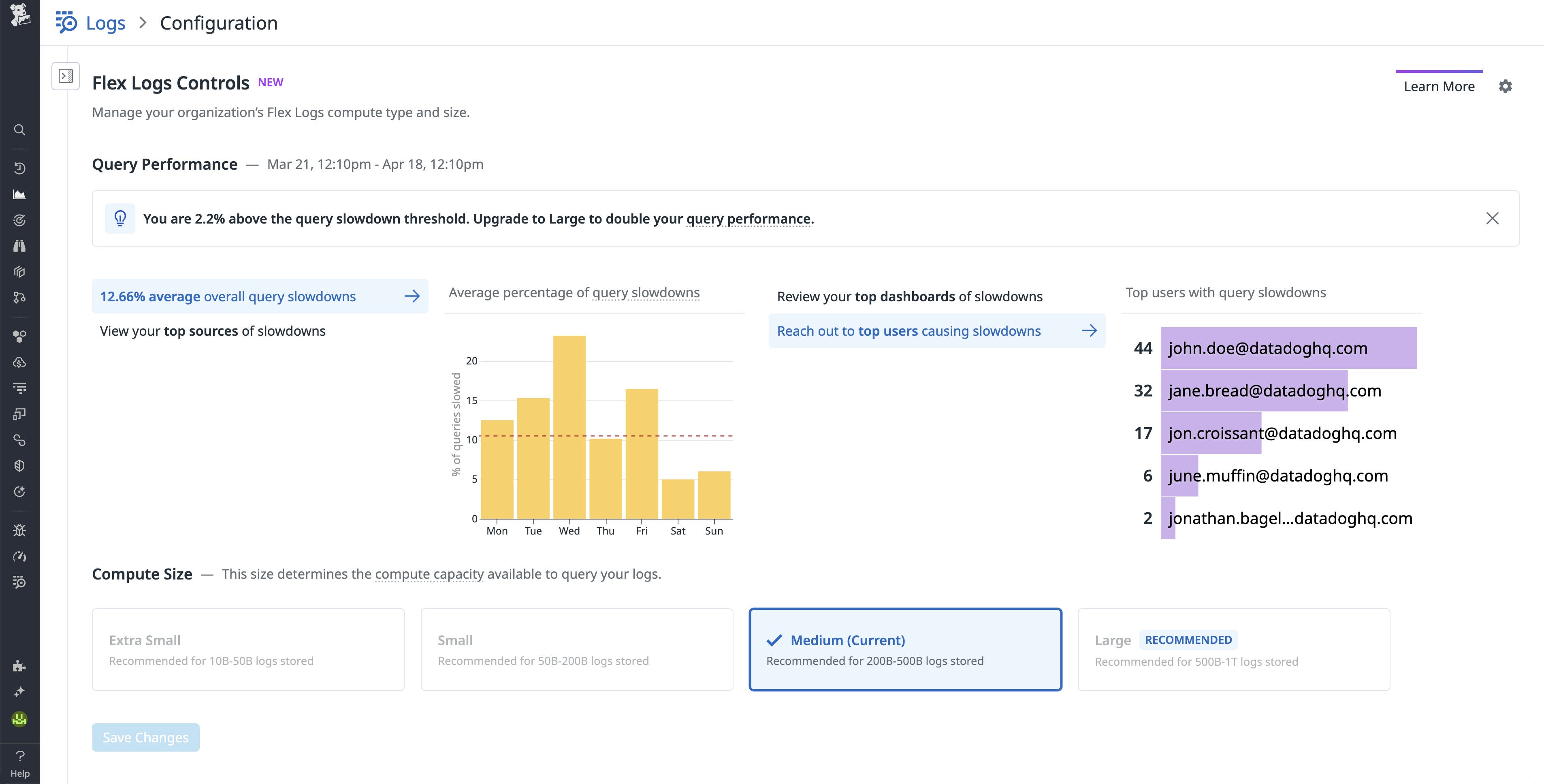Flex Logs Controls page showing query slowdown chart, top users list, and recommendation to upgrade compute size. Flex Logs Controls page showing query slowdown chart, top users list, and recommendation to upgrade compute size.
