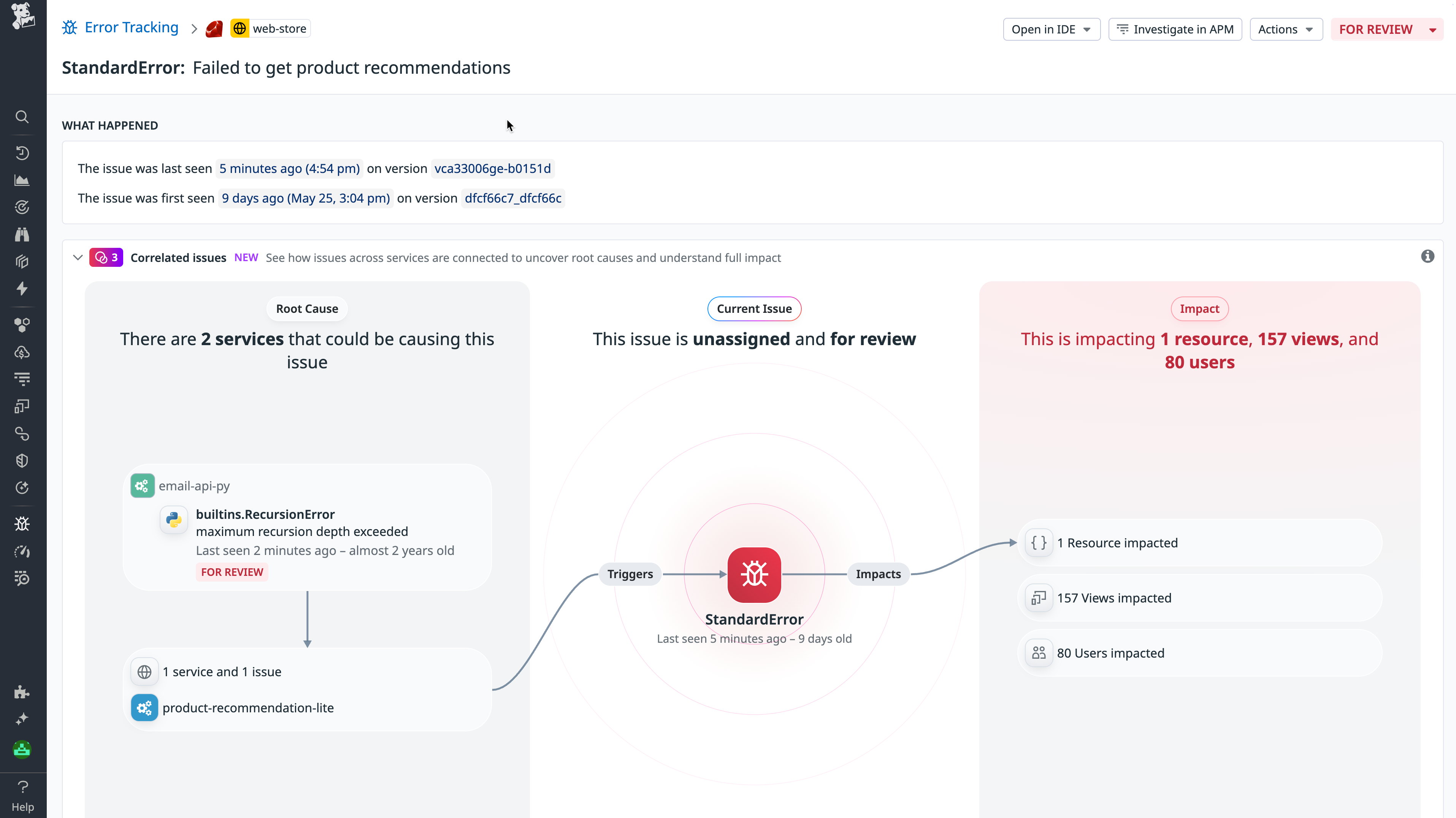 Datadog Error Tracking shows a StandardError in web-store tied to recursion in email-api-py, impacting 1 resource, 157 views, and 80 users.