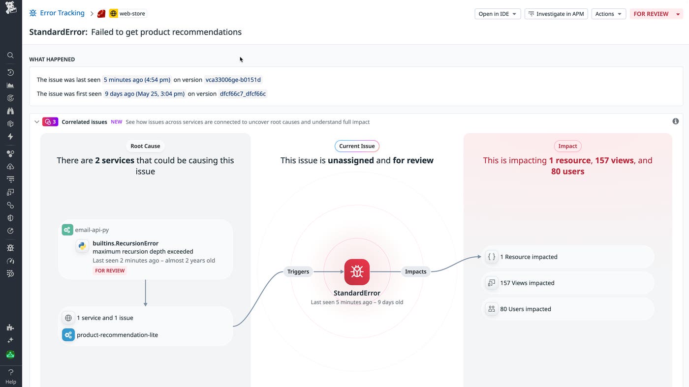 Datadog Error Tracking shows a StandardError in web-store tied to recursion in email-api-py, impacting 1 resource, 157 views, and 80 users. Datadog Error Tracking shows a StandardError in web-store tied to recursion in email-api-py, impacting 1 resource, 157 views, and 80 users.