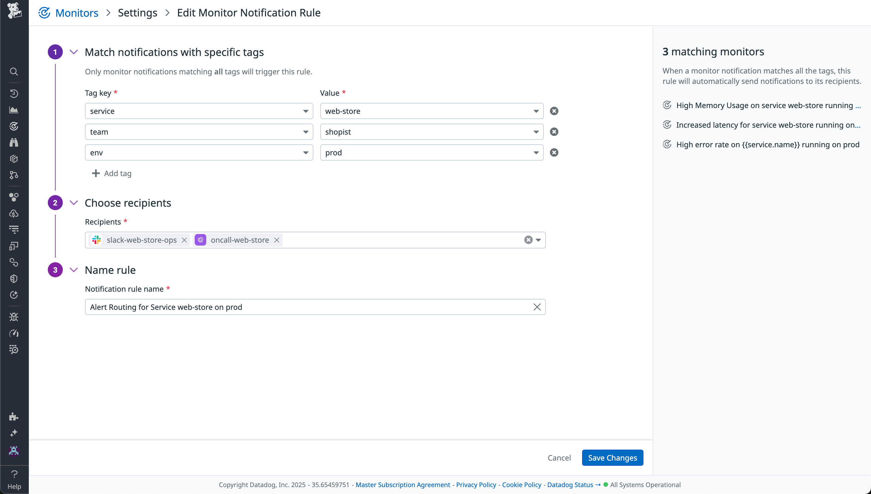 Monitor Notification Rule setup screen showing tag filters, recipients, rule name, and three matching monitors on the right.