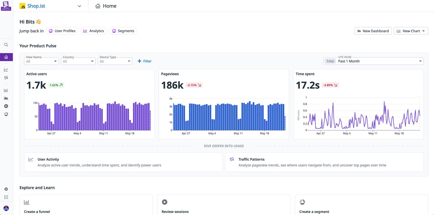 The Home view within Product Analytics, with user activity metrics and suggested starting points displayed. The Home view within Product Analytics, with user activity metrics and suggested starting points displayed.