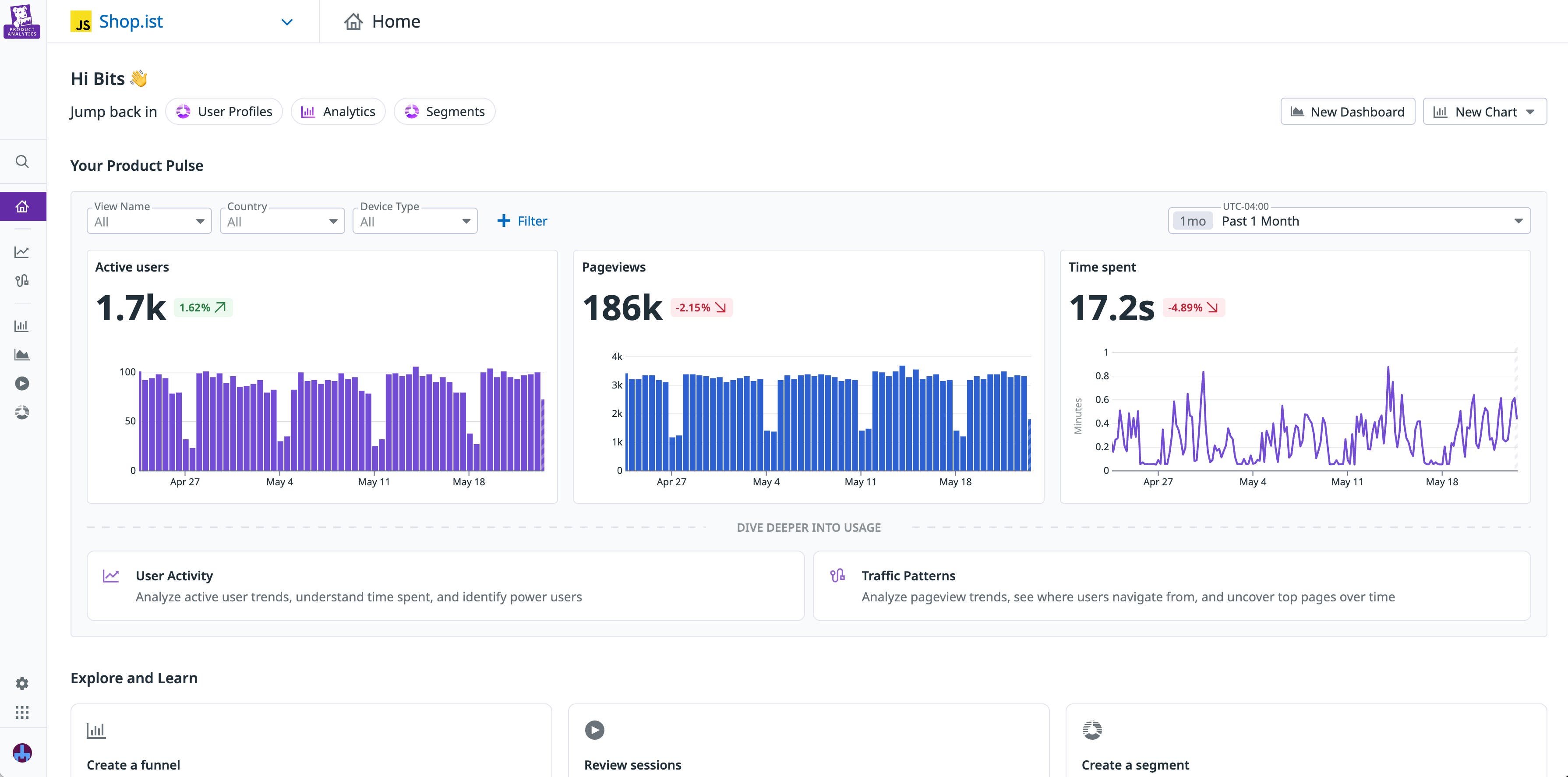 The Home view within Product Analytics, with user activity metrics and suggested starting points displayed. The Home view within Product Analytics, with user activity metrics and suggested starting points displayed.