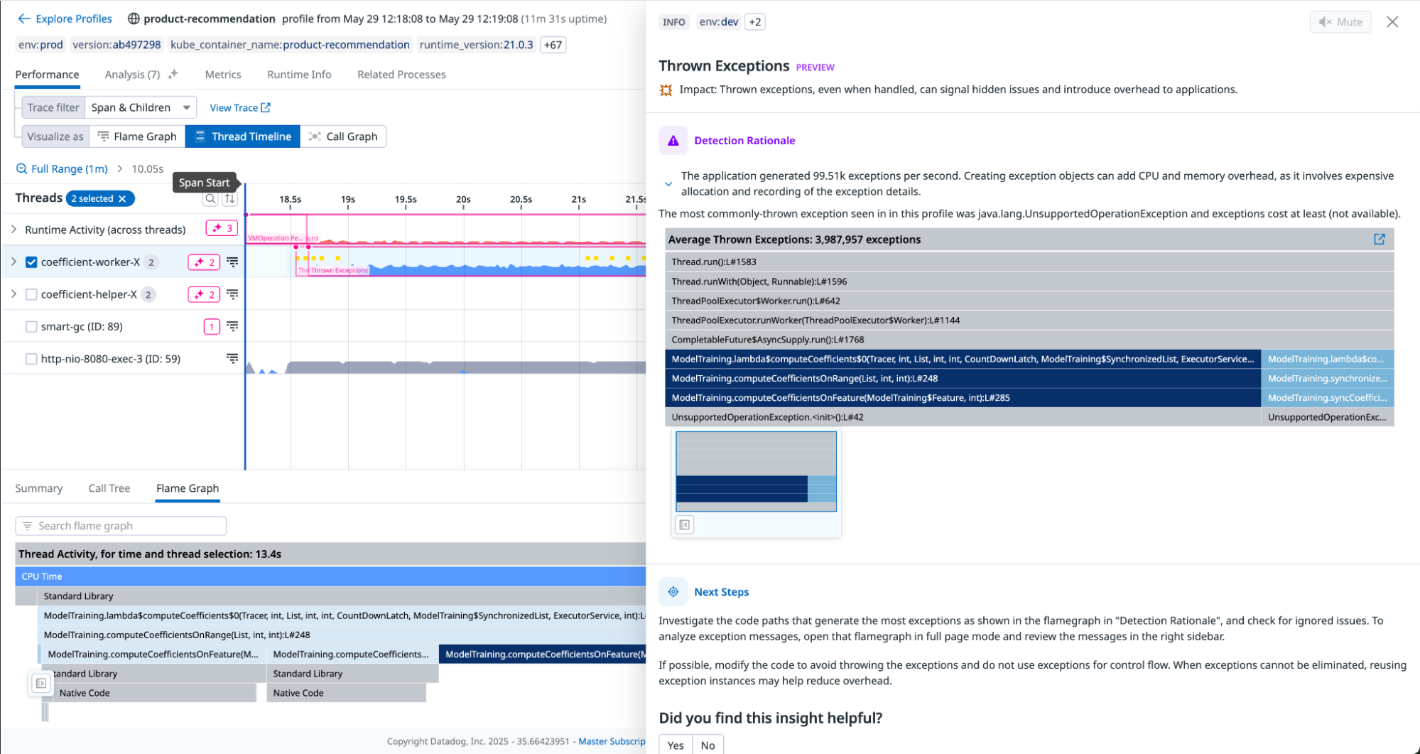 Datadog automatically analyzing profiling data and providing recommendations.
