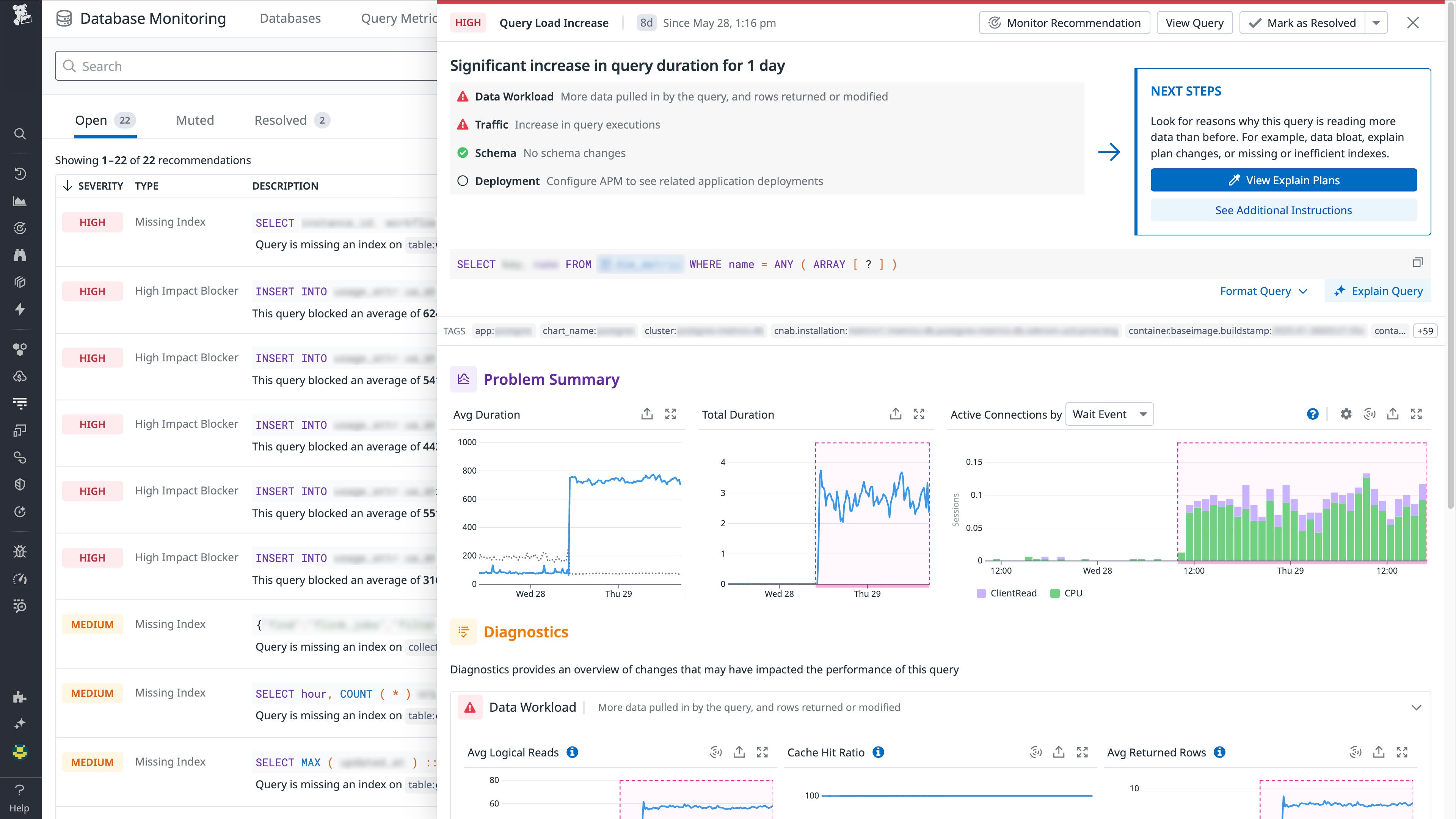 A query regression in Datadog Database Monitoring. A query regression in Datadog Database Monitoring.