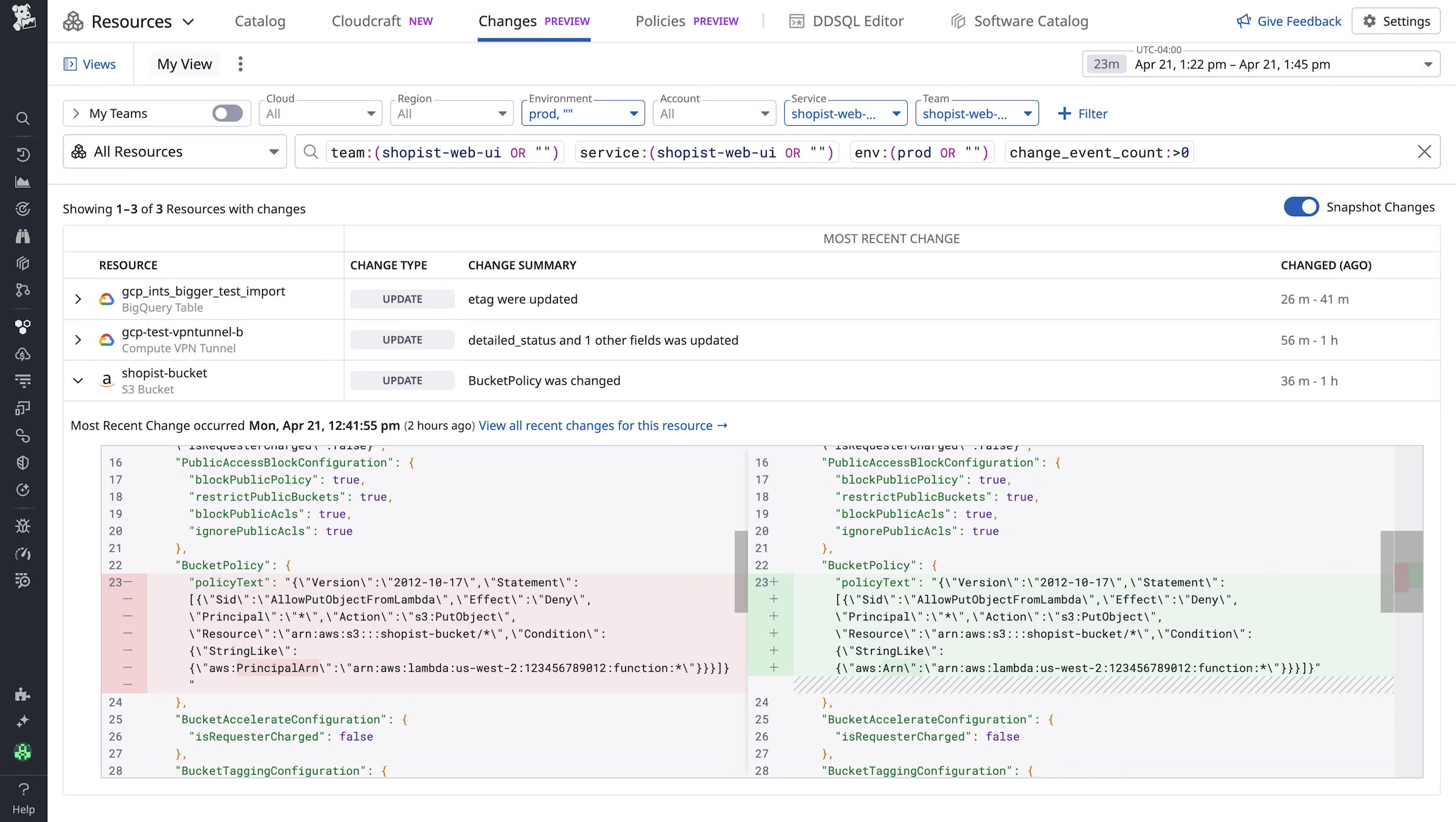 Resource Changes view showing recent updates to three resources, including a bucket policy diff for an S3 bucket.