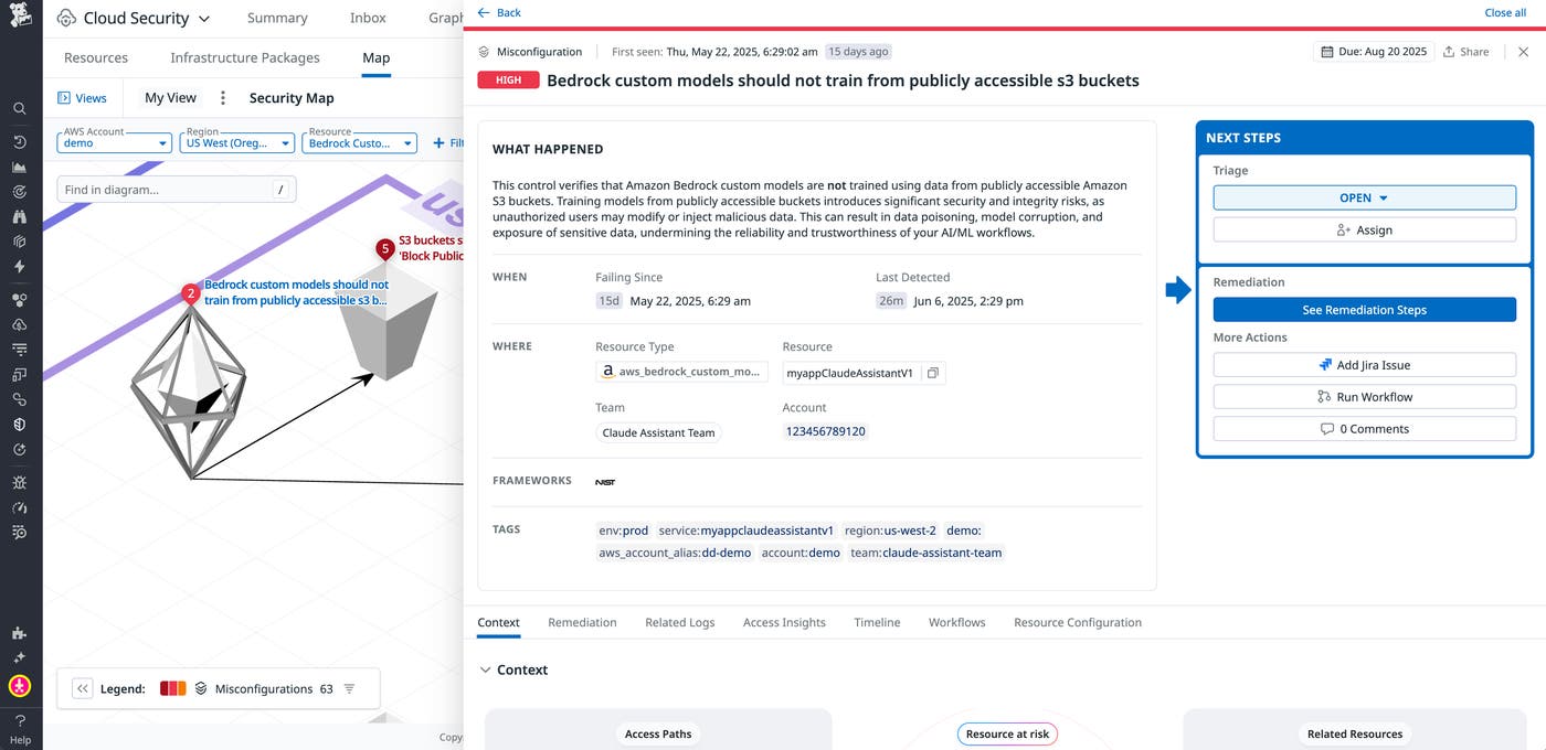 Datadog Cloud Security detection of a Bedrock custom model using a publicly accessible S3 bucket. Datadog Cloud Security detection of a Bedrock custom model using a publicly accessible S3 bucket.