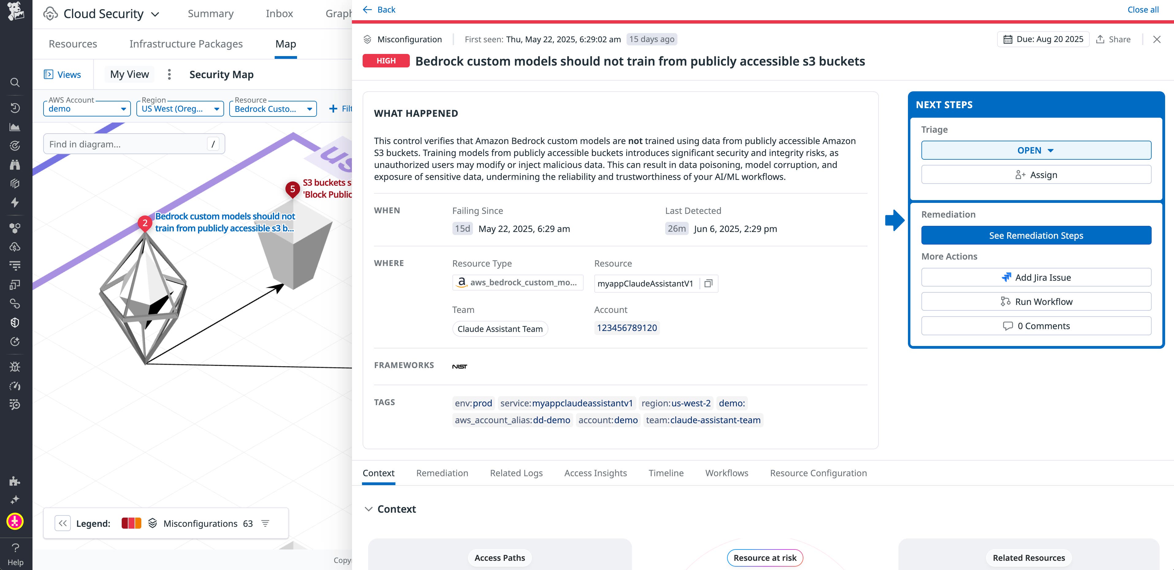 Datadog Cloud Security detection of a Bedrock custom model using a publicly accessible S3 bucket. Datadog Cloud Security detection of a Bedrock custom model using a publicly accessible S3 bucket.