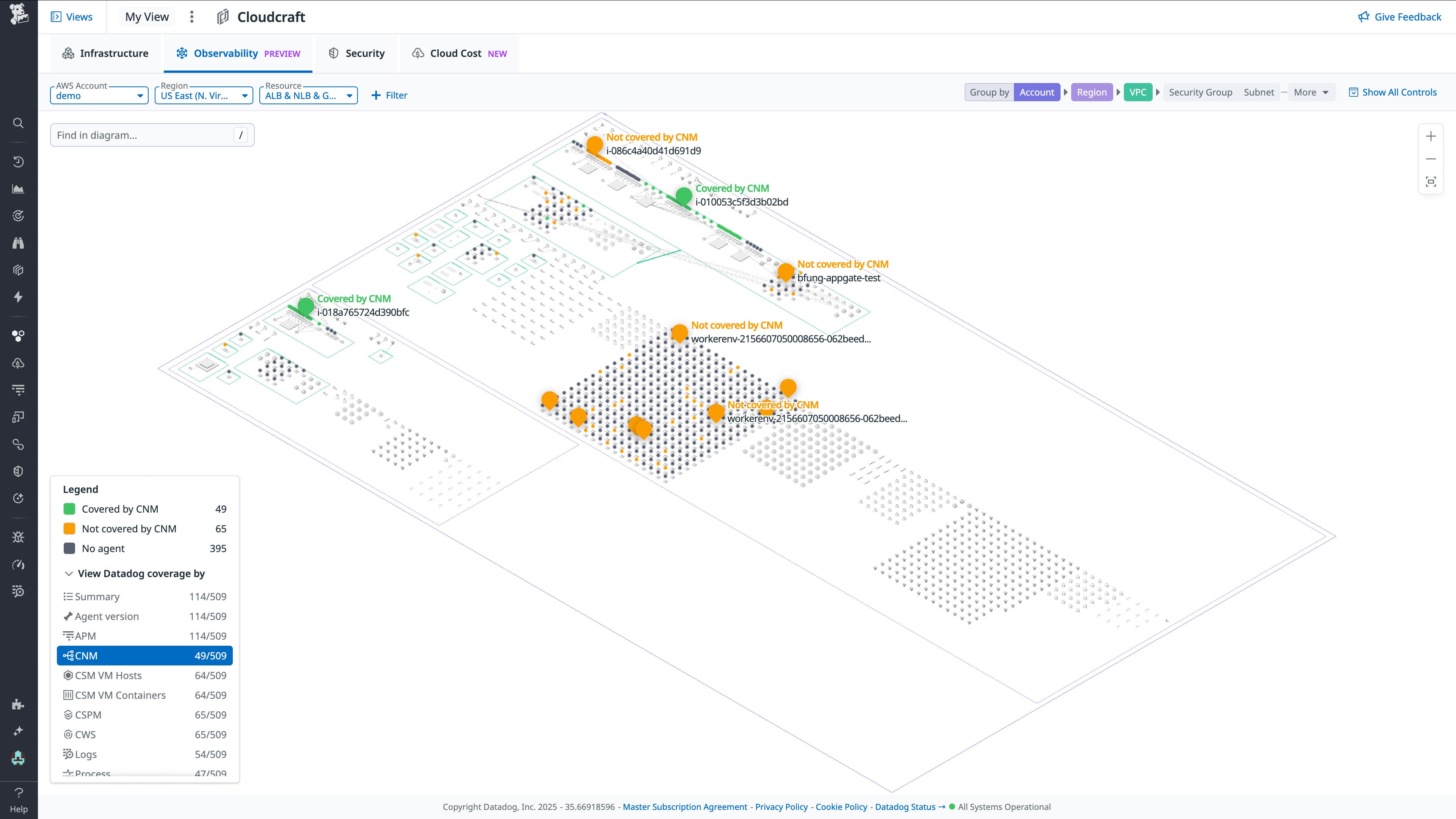An infrastructure diagram that shows which cloud resources are not covered by certain Datadog products. An infrastructure diagram that shows which cloud resources are not covered by certain Datadog products.