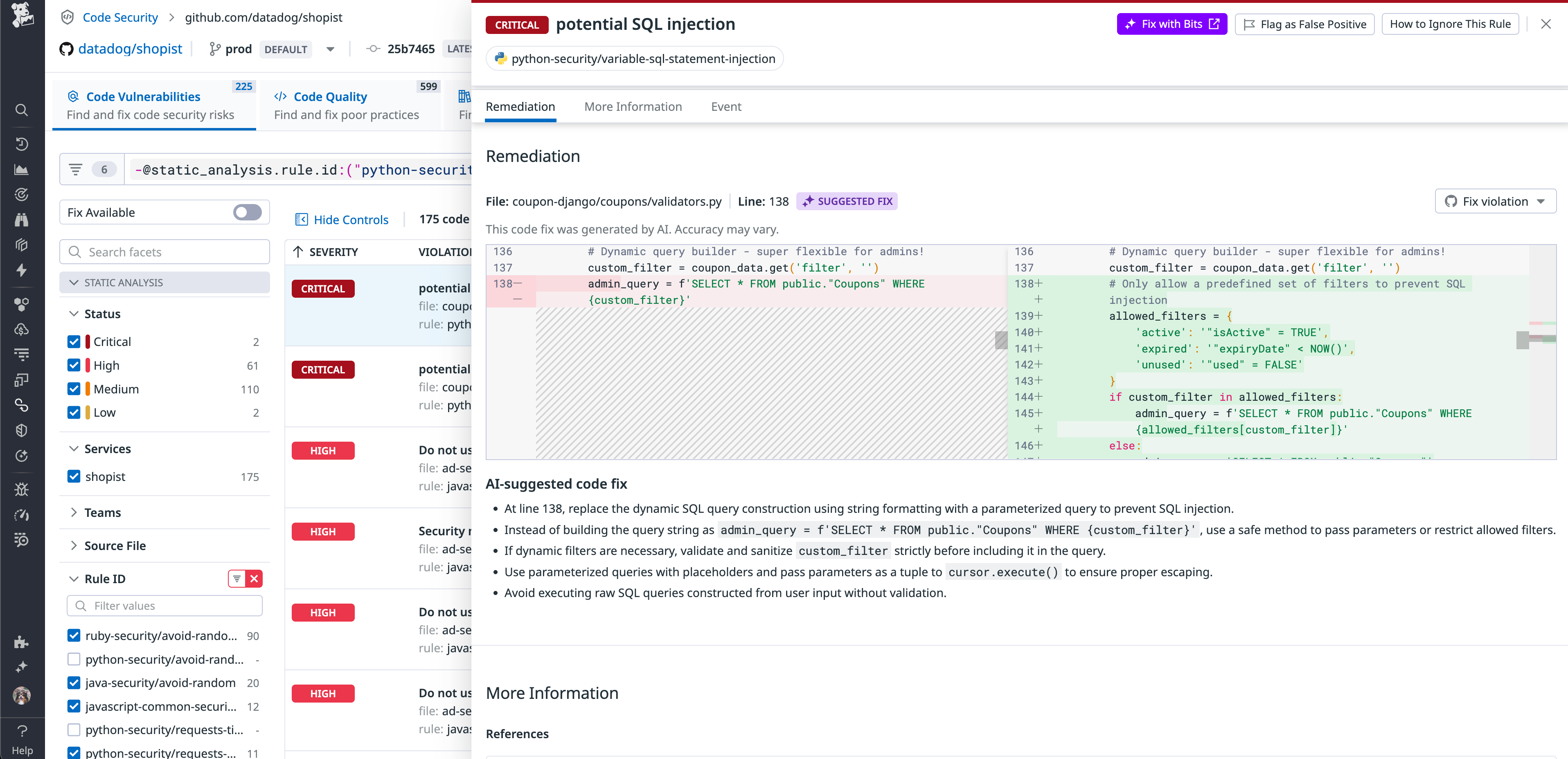 Dashboard view of Datadog Code Security showing open library vulnerabilities grouped by service and filtered by risk.