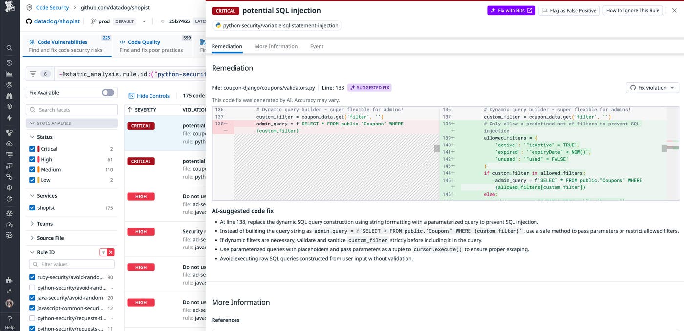 Dashboard view of Datadog Code Security showing open library vulnerabilities grouped by service and filtered by risk. Dashboard view of Datadog Code Security showing open library vulnerabilities grouped by service and filtered by risk.