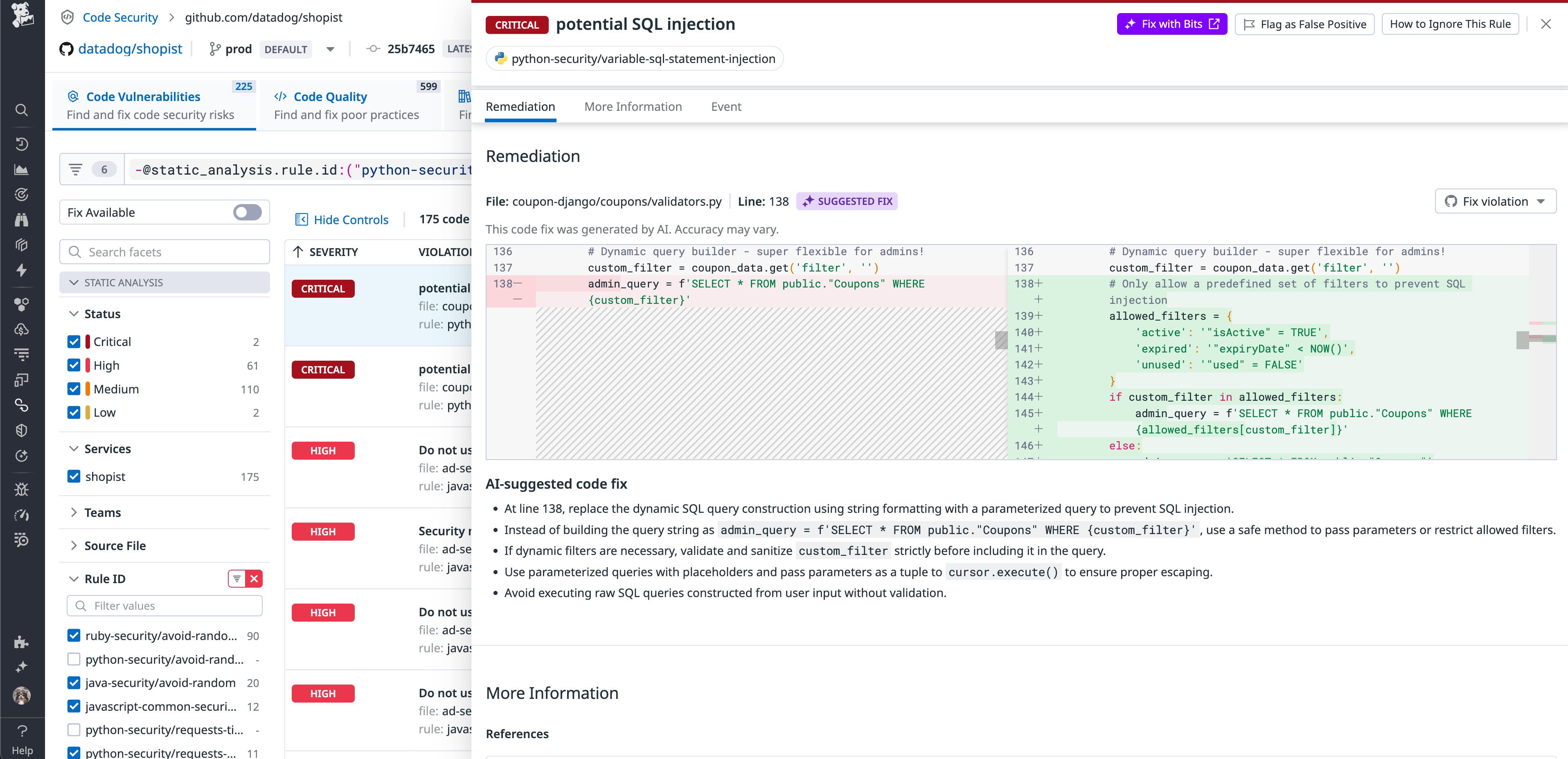 Dashboard view of Datadog Code Security showing open library vulnerabilities grouped by service and filtered by risk. Dashboard view of Datadog Code Security showing open library vulnerabilities grouped by service and filtered by risk.