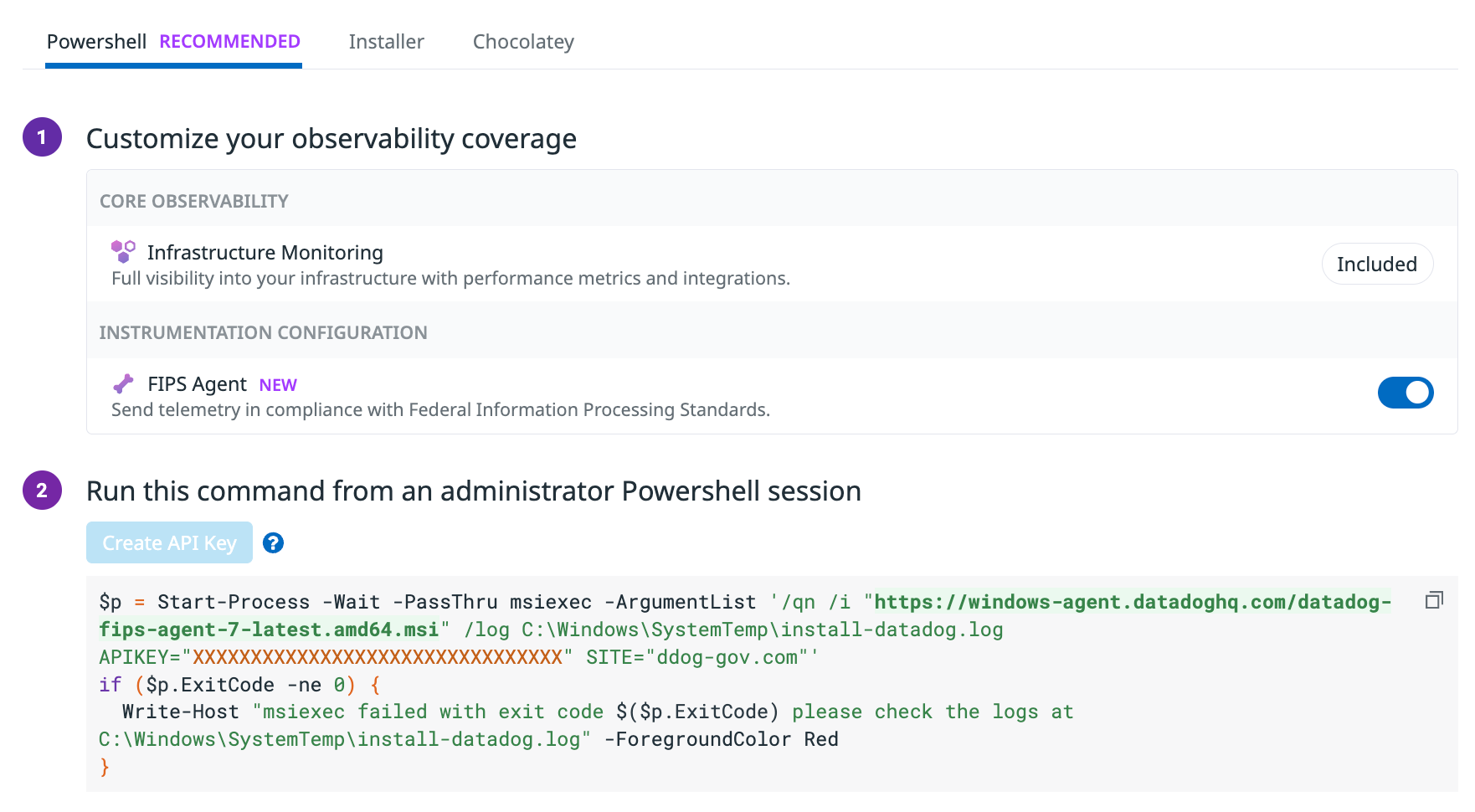 Datadog FIPS Agent install screen showing Powershell command to enable FIPS-compliant telemetry on Windows.