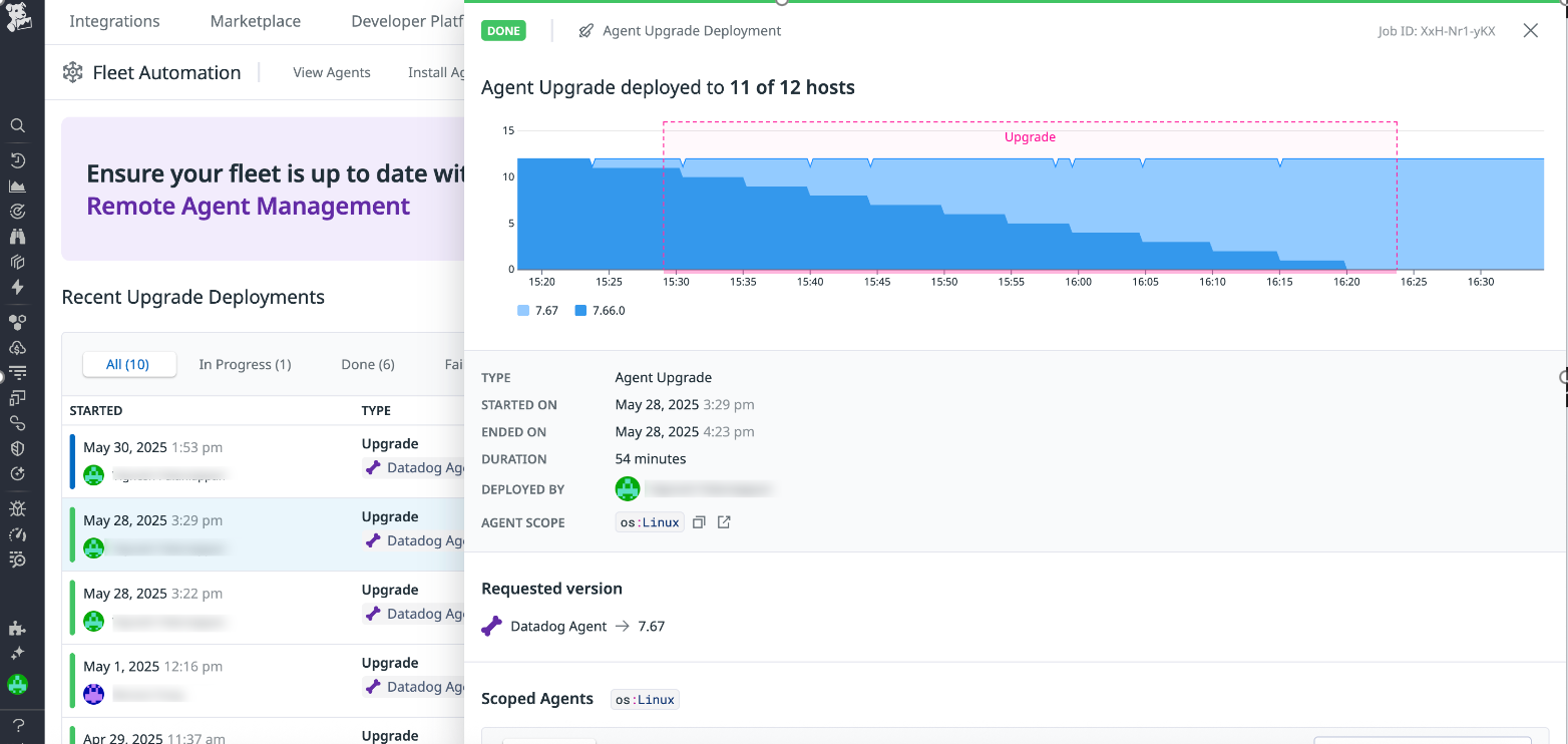 Fleet Automation shows the Datadog Agent deployed to 11 of 12 hosts.