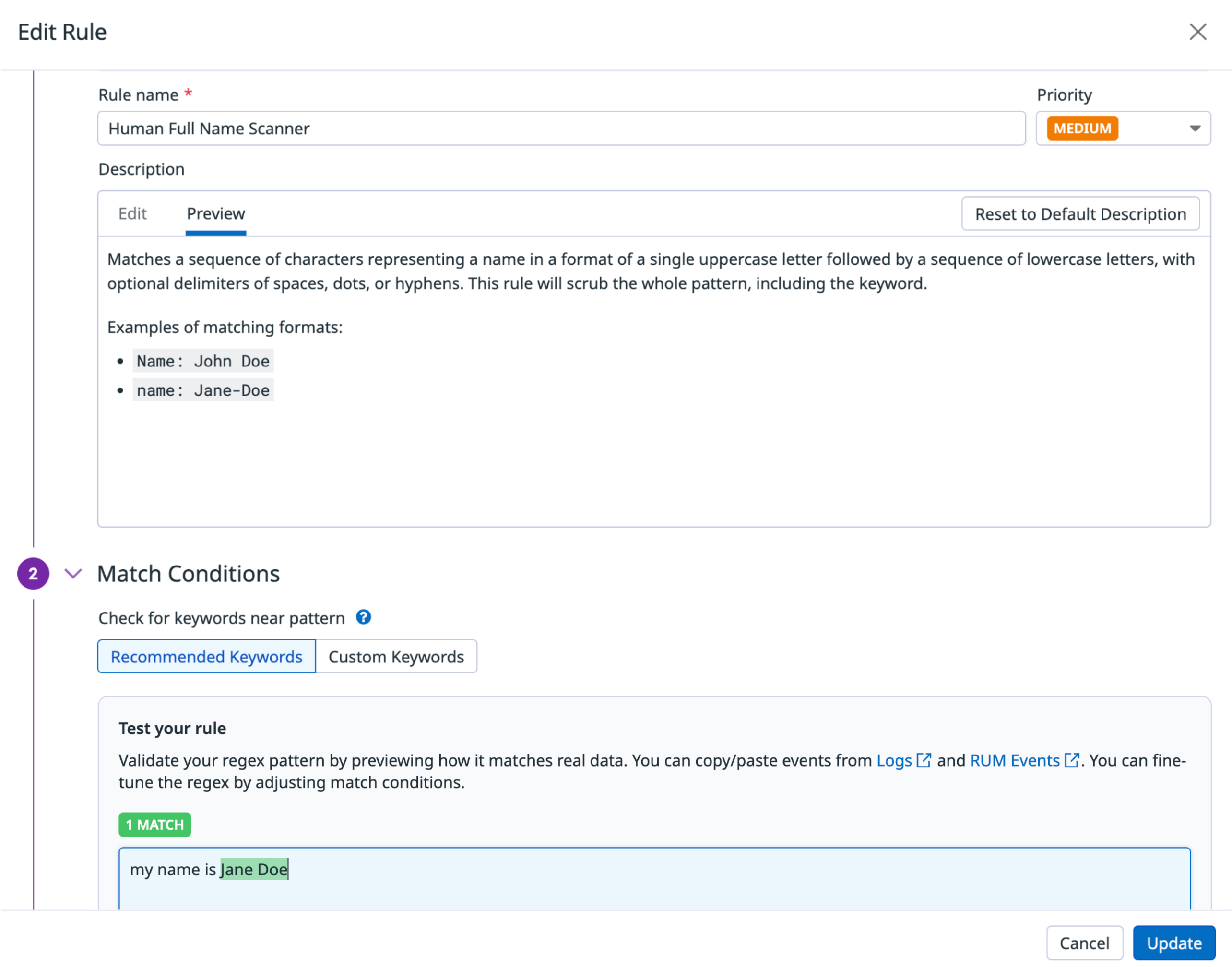 SDS rule that detects human names in logs.