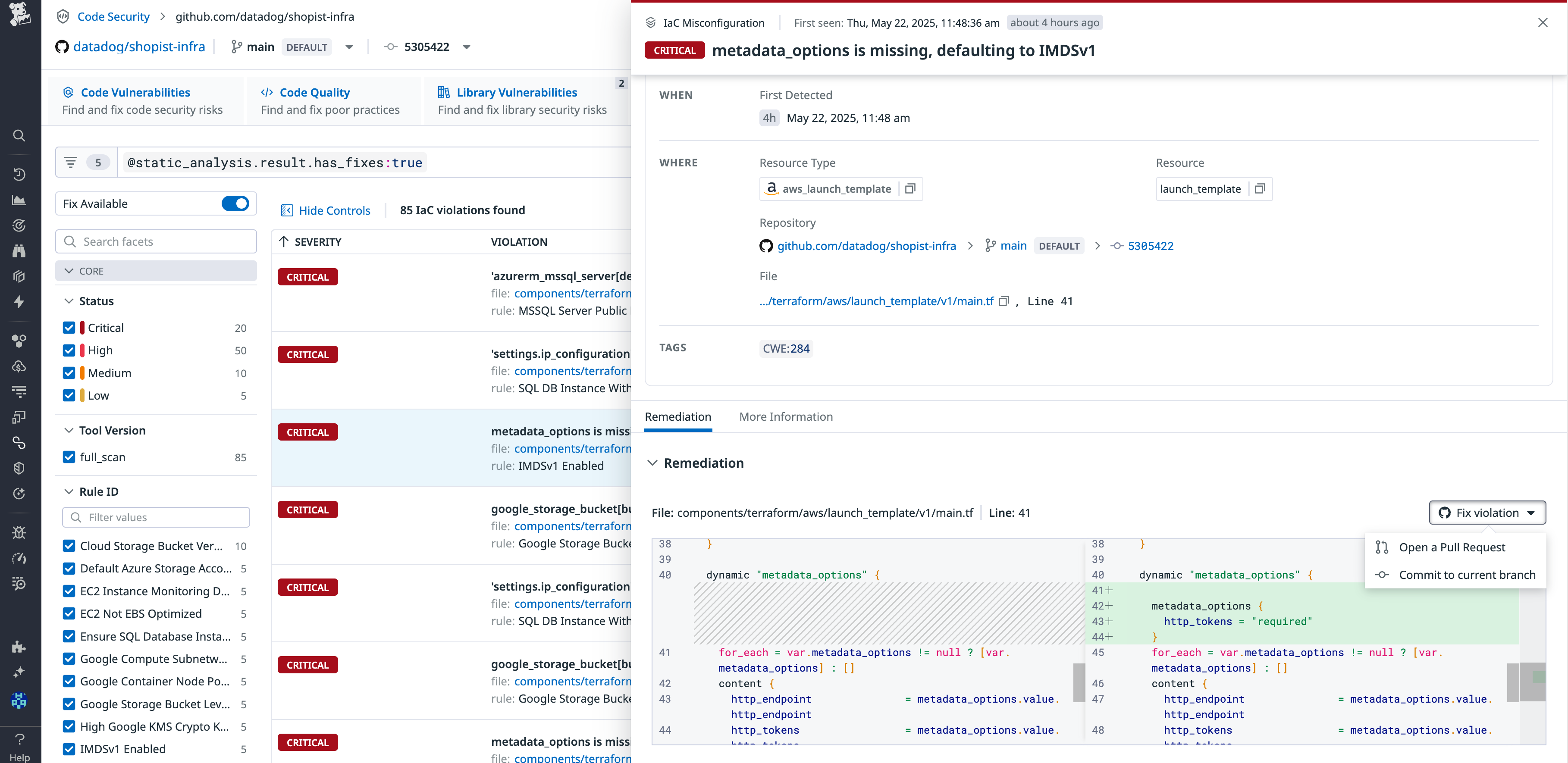 IaC vulnerability finding with code-level fix identified in Datadog IaC Security