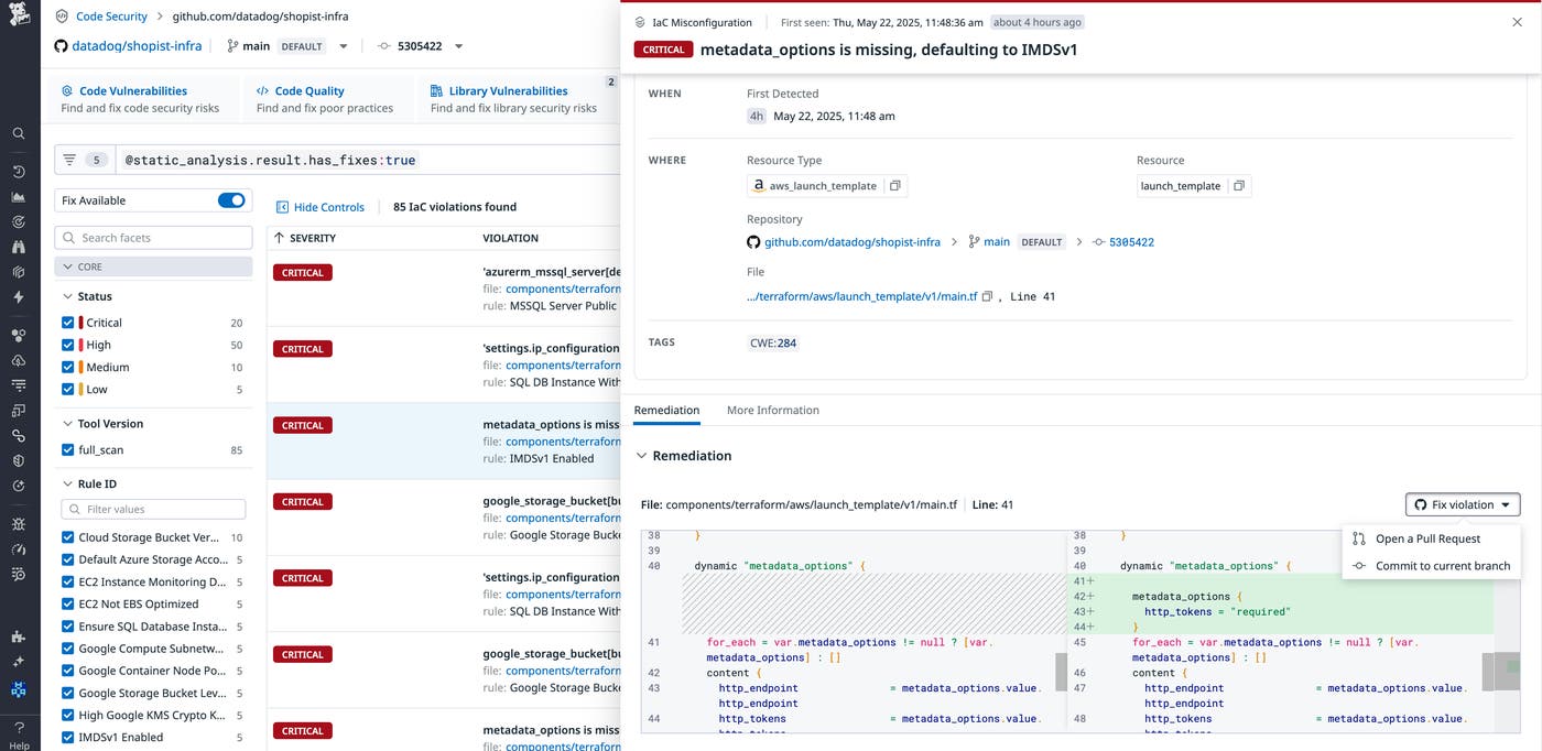 IaC vulnerability finding with code-level fix identified in Datadog IaC Security IaC vulnerability finding with code-level fix identified in Datadog IaC Security