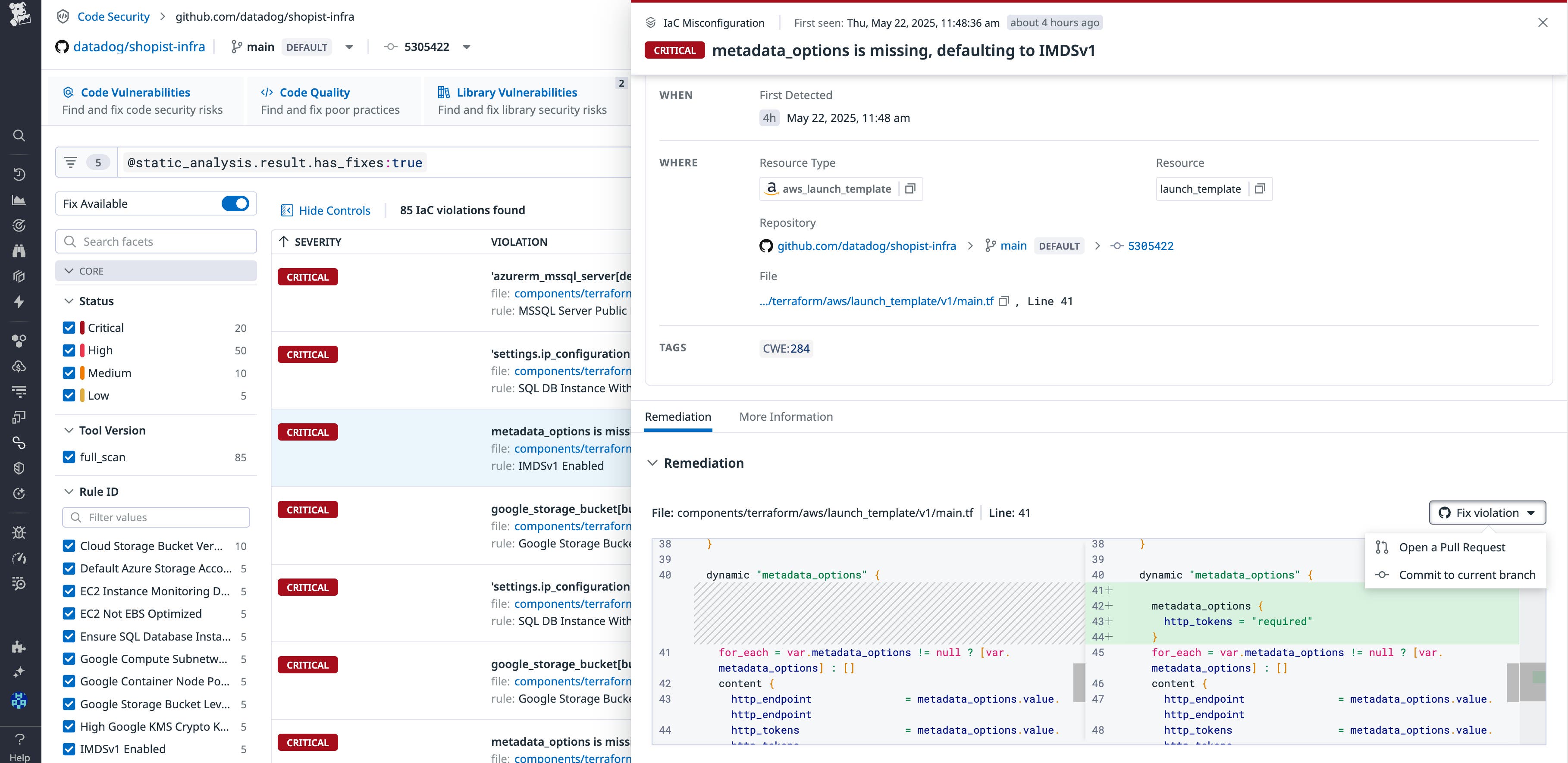 IaC vulnerability finding with code-level fix identified in Datadog IaC Security IaC vulnerability finding with code-level fix identified in Datadog IaC Security