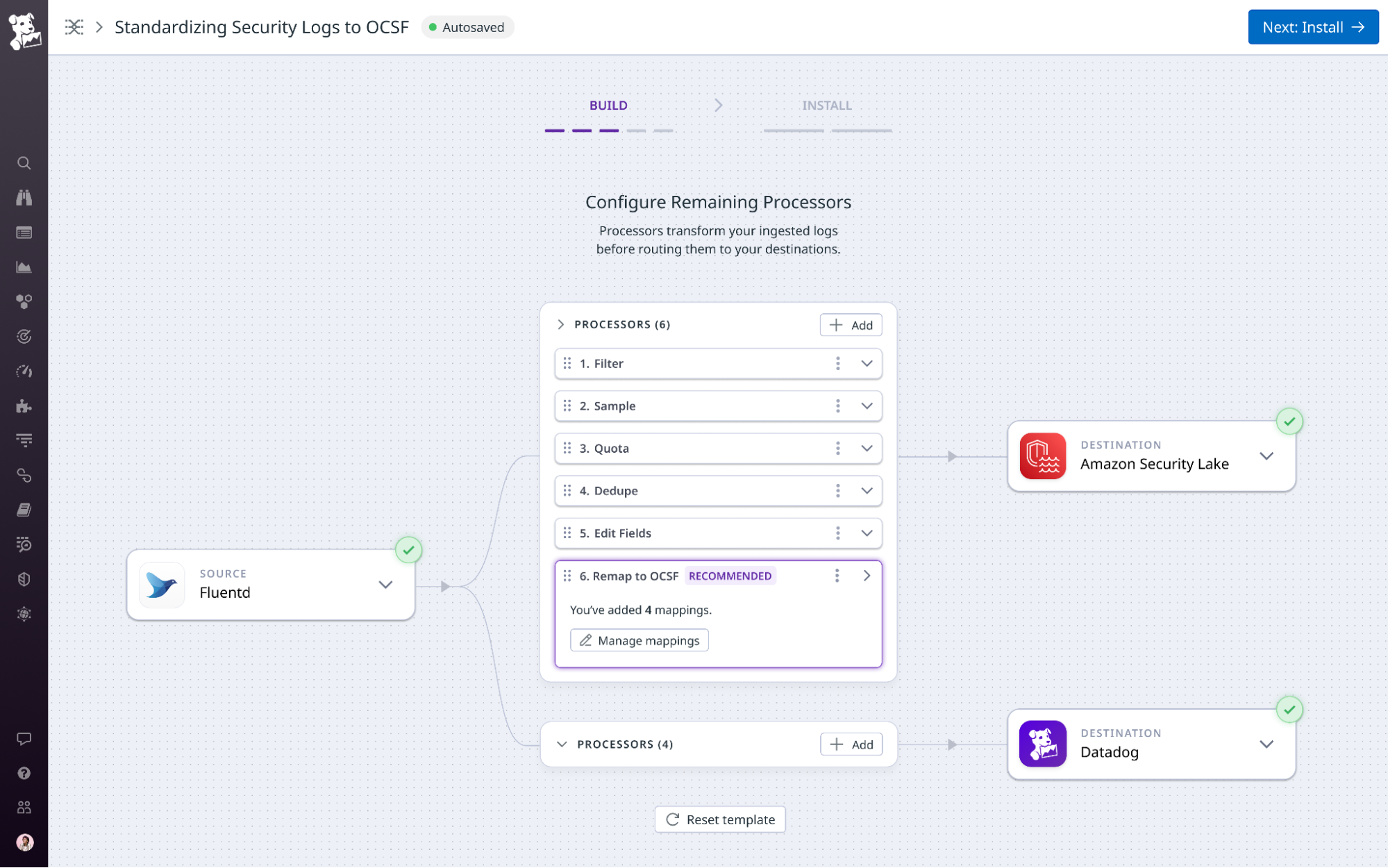 Logs from a routed Fluentd pipeline, remapped via OCSF.