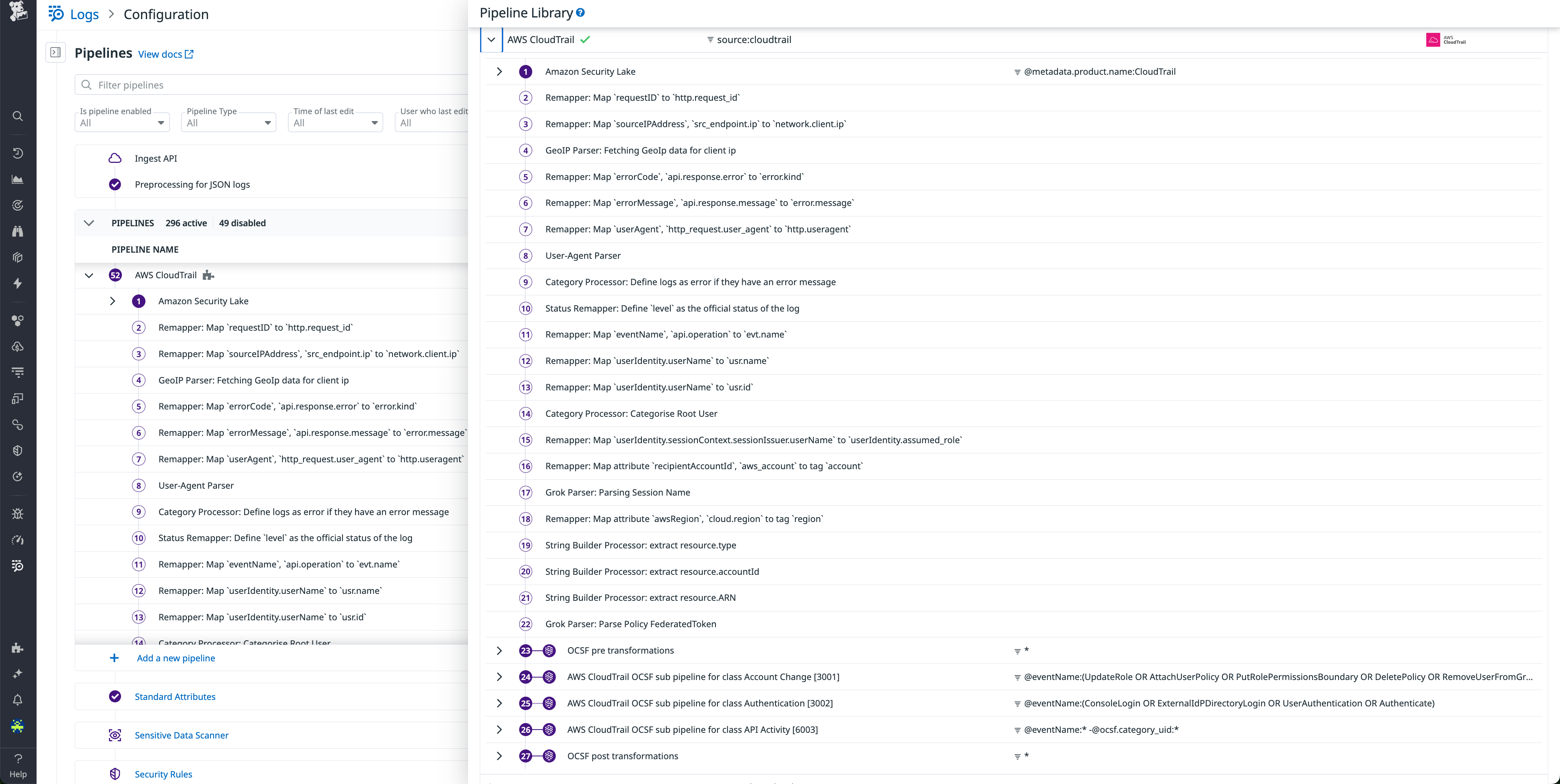 Datadog log pipeline configuration for AWS CloudTrail with Amazon Security Lake and OCSF parsing and enrichment steps.