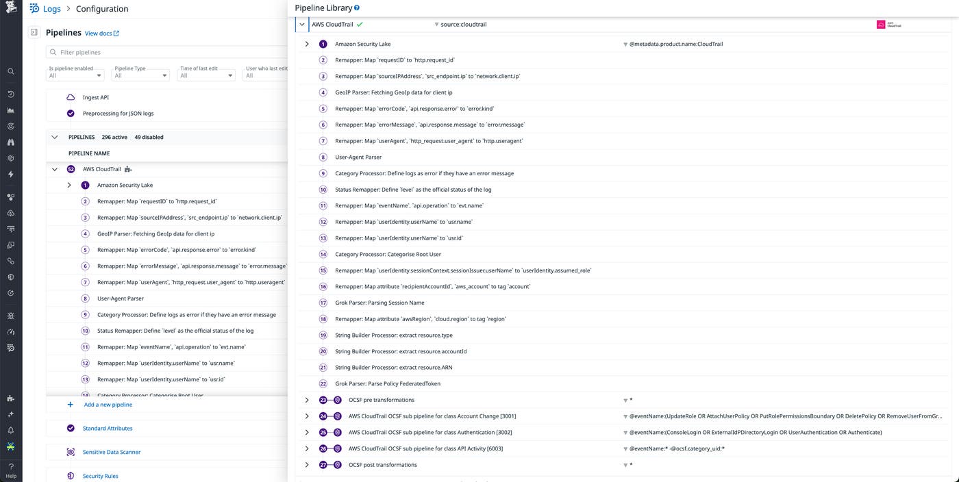 Datadog log pipeline configuration for AWS CloudTrail with Amazon Security Lake and OCSF parsing and enrichment steps. Datadog log pipeline configuration for AWS CloudTrail with Amazon Security Lake and OCSF parsing and enrichment steps.