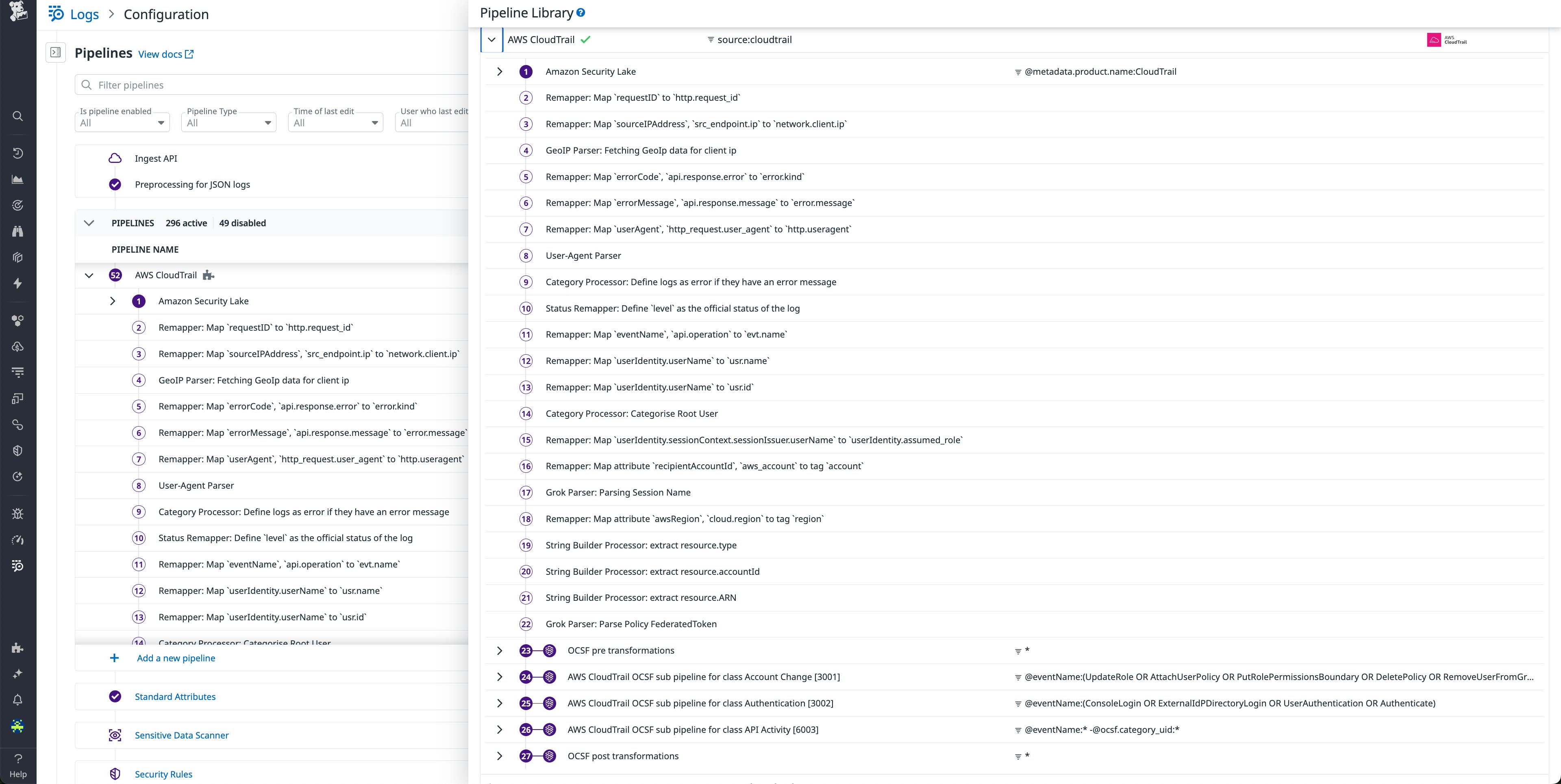 Datadog log pipeline configuration for AWS CloudTrail with Amazon Security Lake and OCSF parsing and enrichment steps. Datadog log pipeline configuration for AWS CloudTrail with Amazon Security Lake and OCSF parsing and enrichment steps.