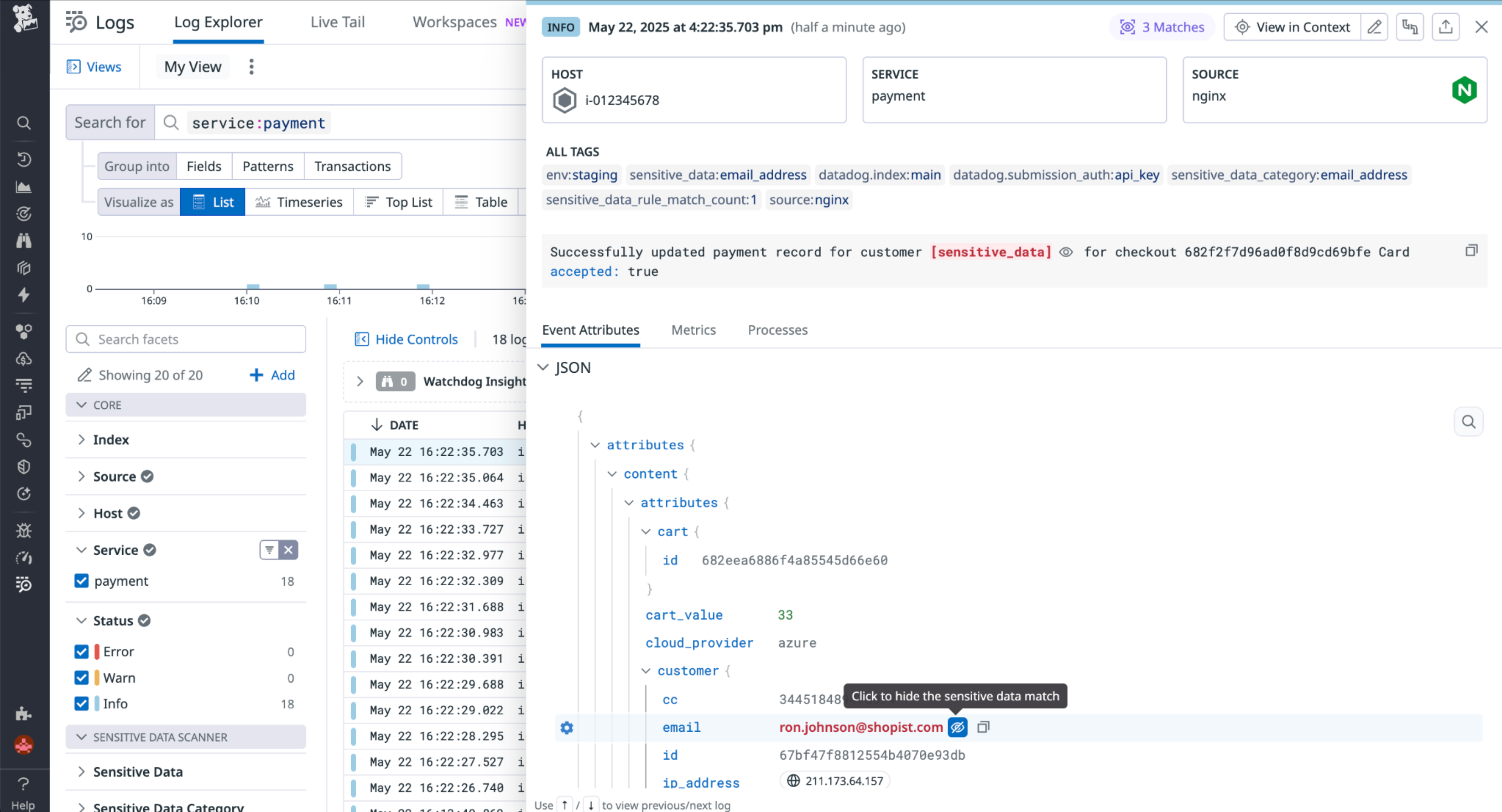 Datadog Log Explorer showing masked sensitive email data in a payment service log with role-based unmasking enabled.