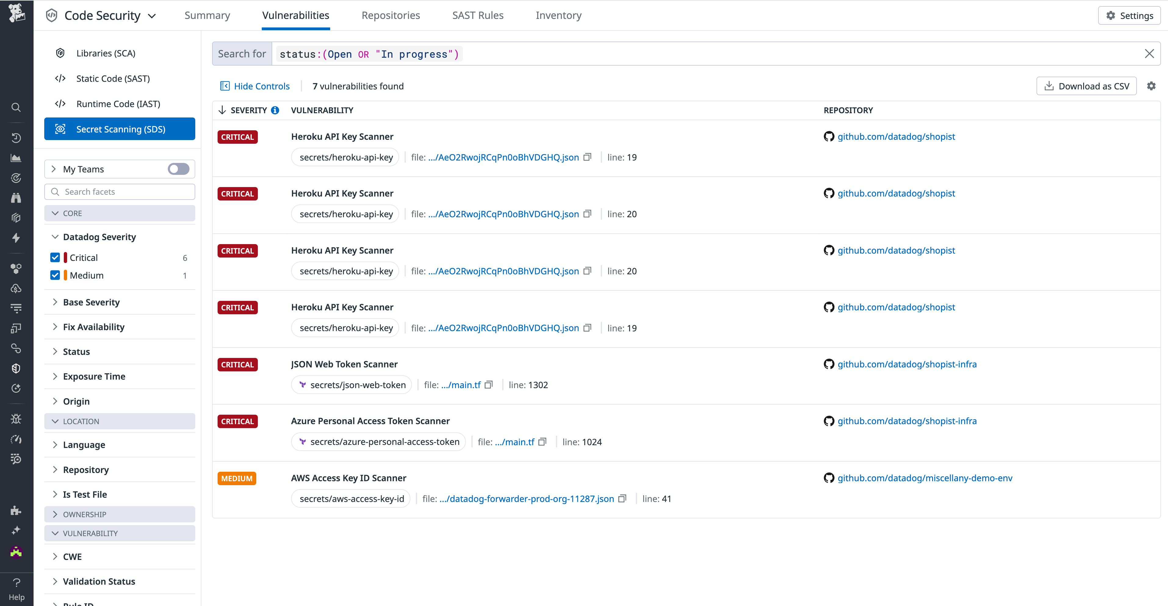 See where your source code may include leaked secrets using Secret Scanning in Datadog Code Security