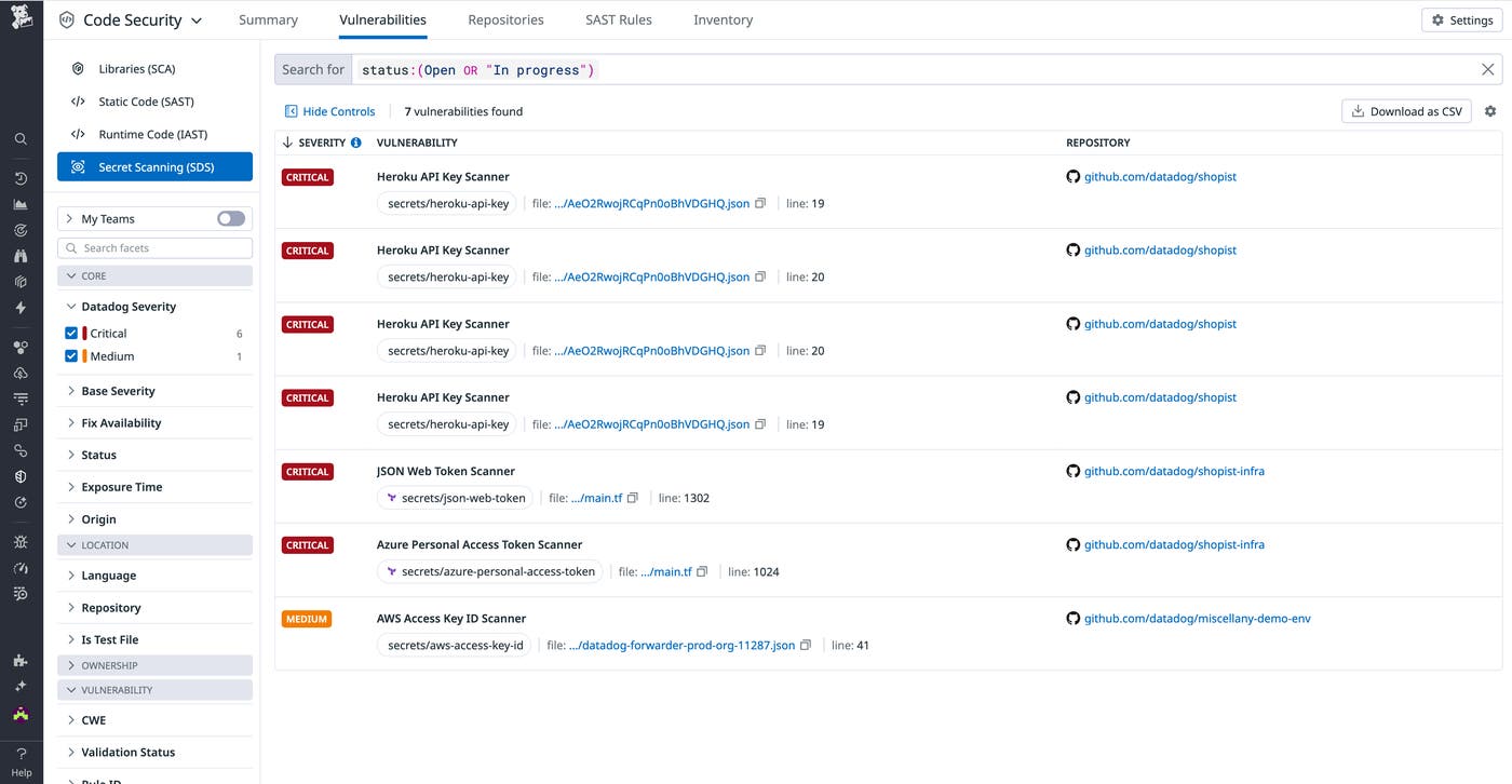 See where your source code may include leaked secrets using Secret Scanning in Datadog Code Security See where your source code may include leaked secrets using Secret Scanning in Datadog Code Security