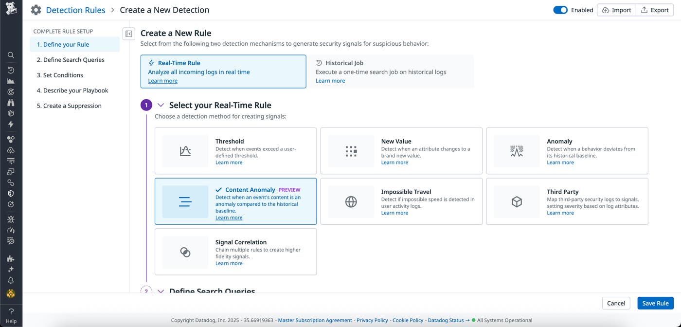 Datadog detection rule setup screen highlighting the content anomaly real-time rule to detect deviations from historical baselines. Datadog detection rule setup screen highlighting the content anomaly real-time rule to detect deviations from historical baselines.