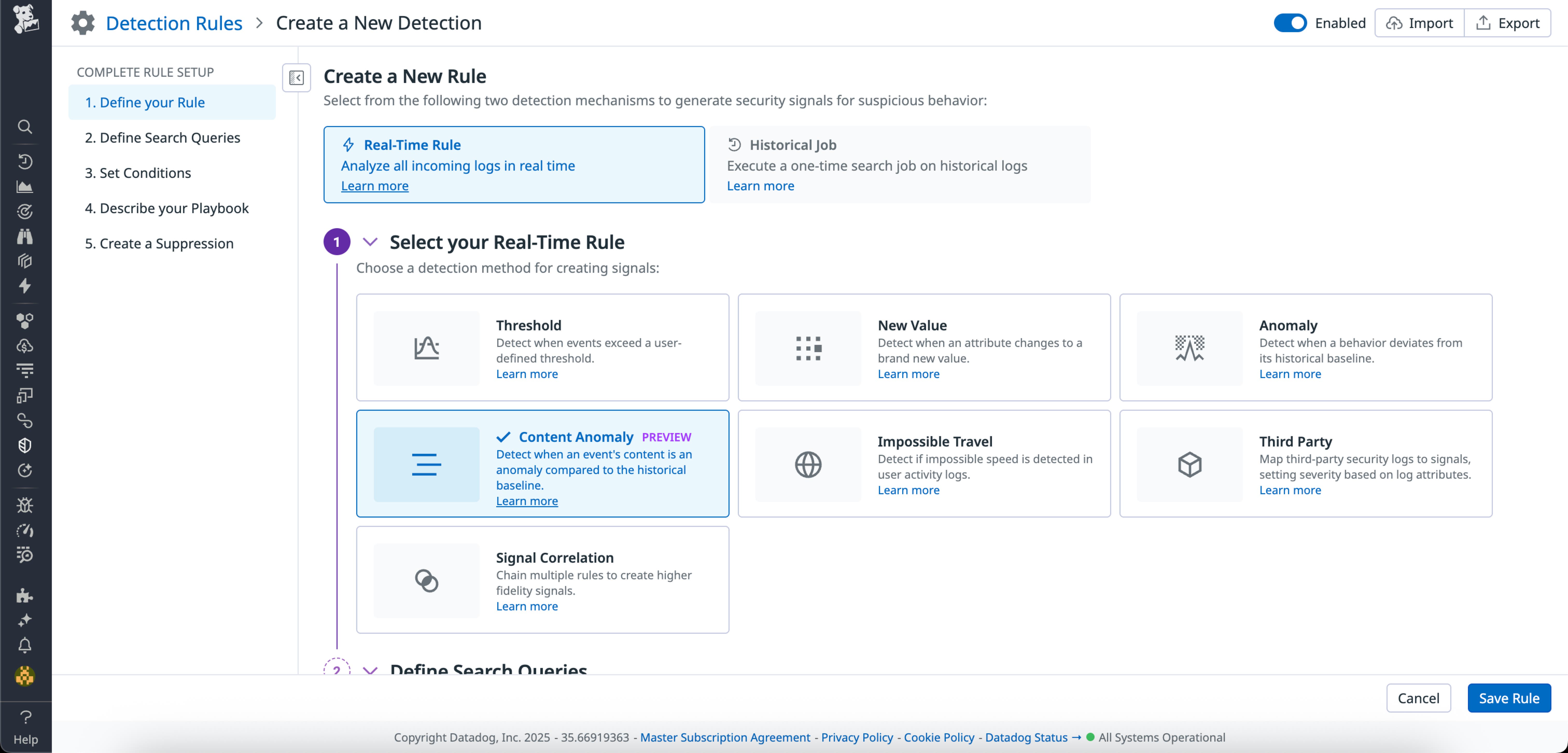 Datadog detection rule setup screen highlighting the content anomaly real-time rule to detect deviations from historical baselines. Datadog detection rule setup screen highlighting the content anomaly real-time rule to detect deviations from historical baselines.