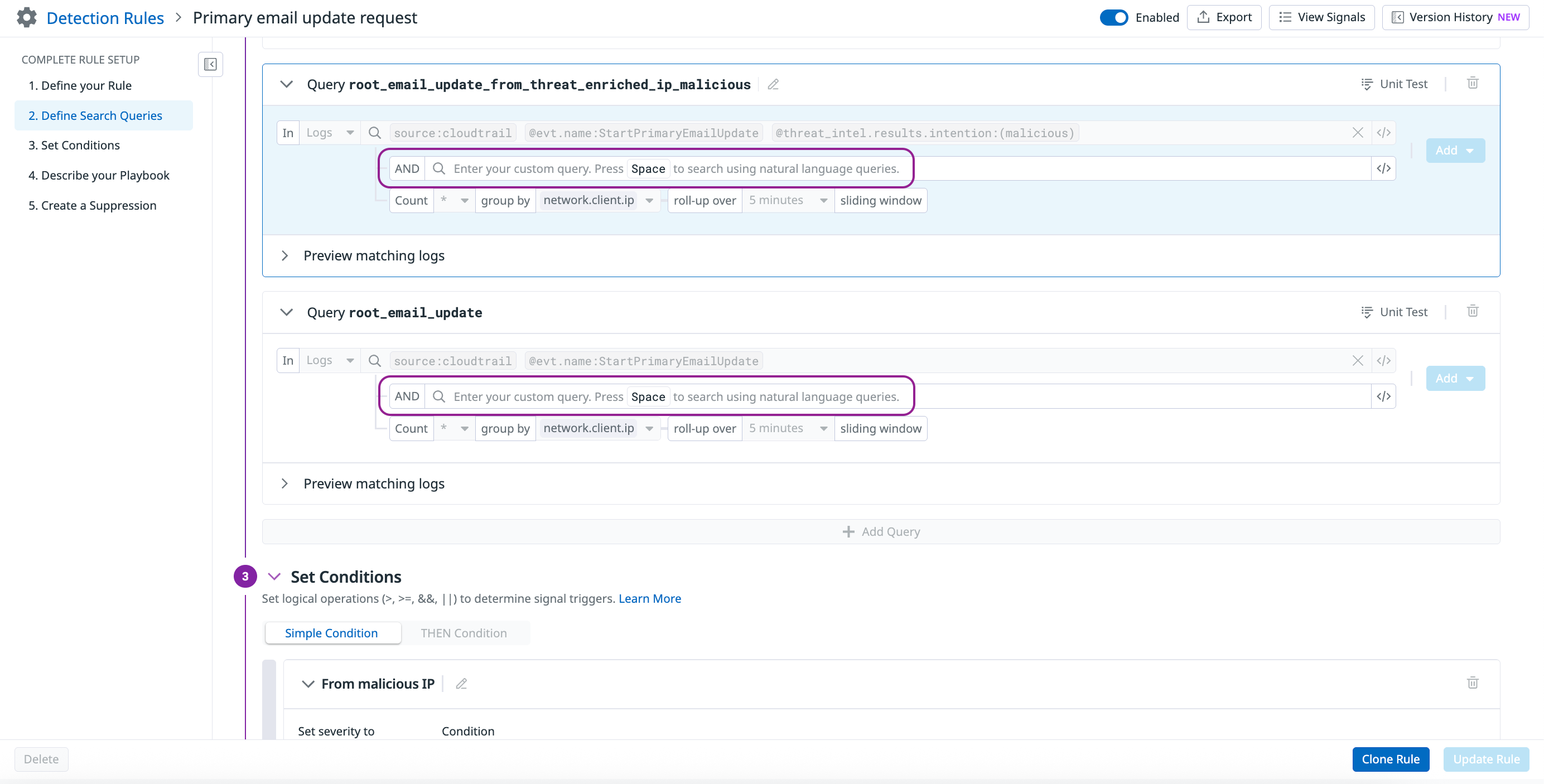 Datadog detection rule editor showing two CloudTrail log queries for detecting primary email updates, with conditions for malicious IPs.