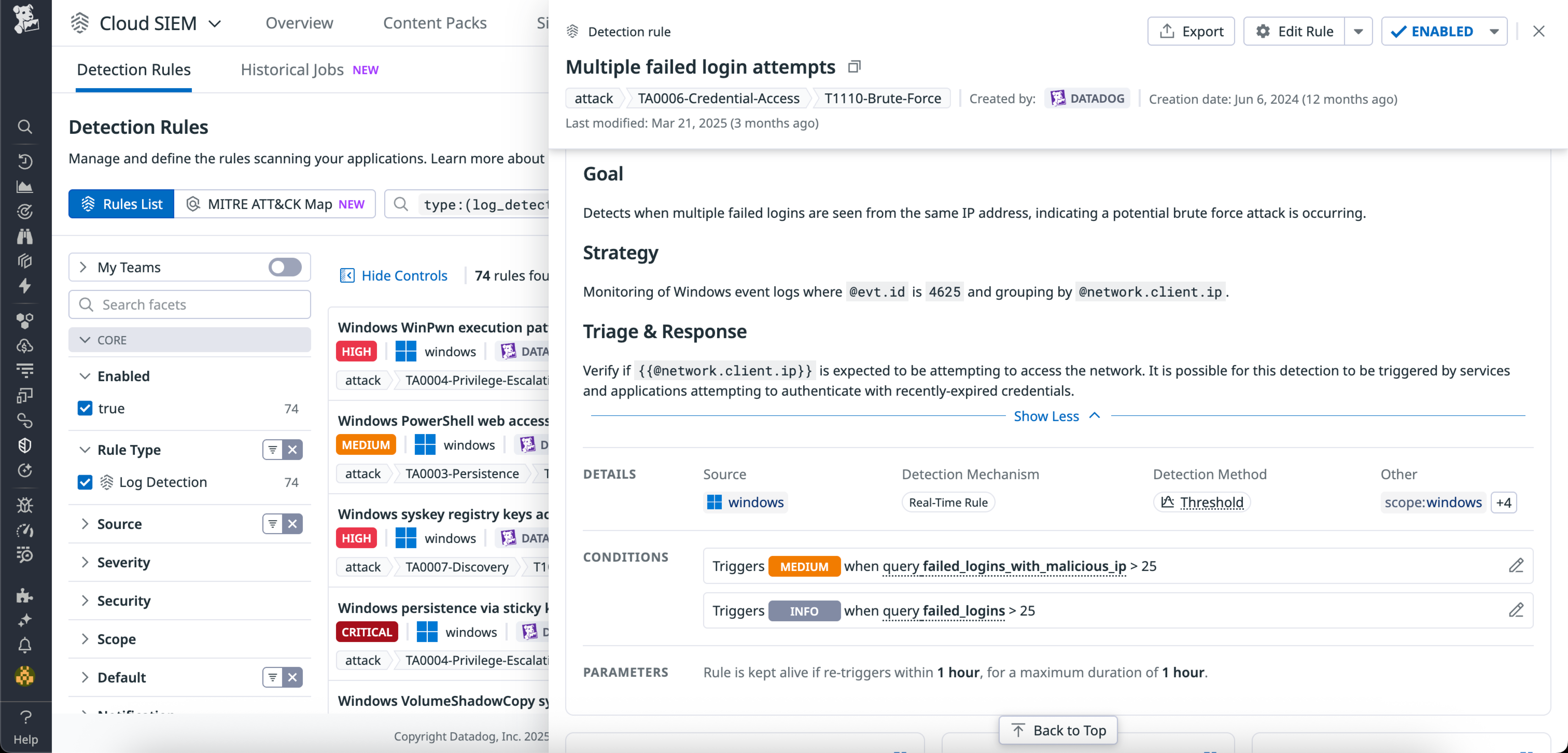 Datadog Cloud SIEM rule details panel showing logic and playbook for detecting primary email updates via suspicious CloudTrail API activity.