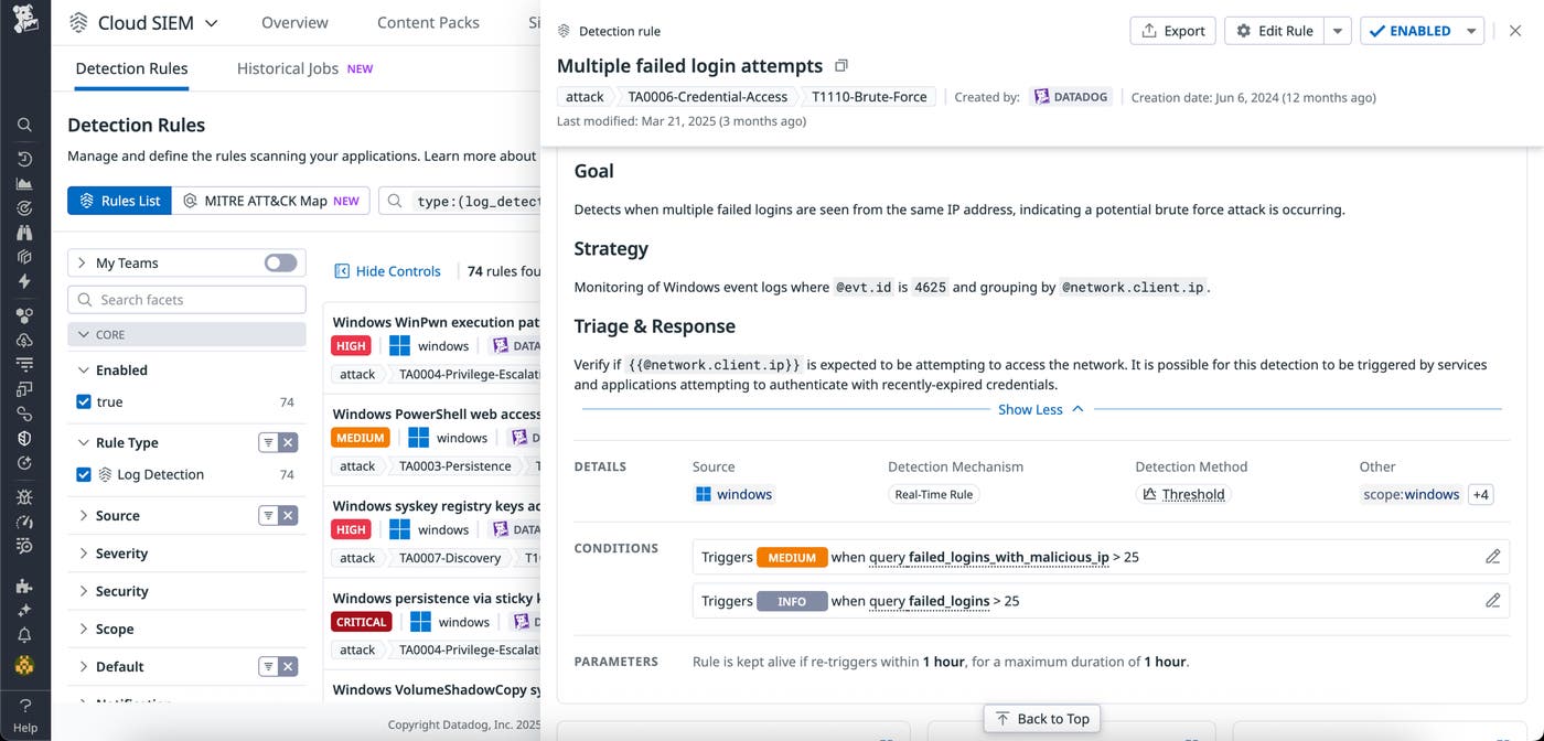 Datadog Cloud SIEM rule details panel showing logic and playbook for detecting primary email updates via suspicious CloudTrail API activity. Datadog Cloud SIEM rule details panel showing logic and playbook for detecting primary email updates via suspicious CloudTrail API activity.