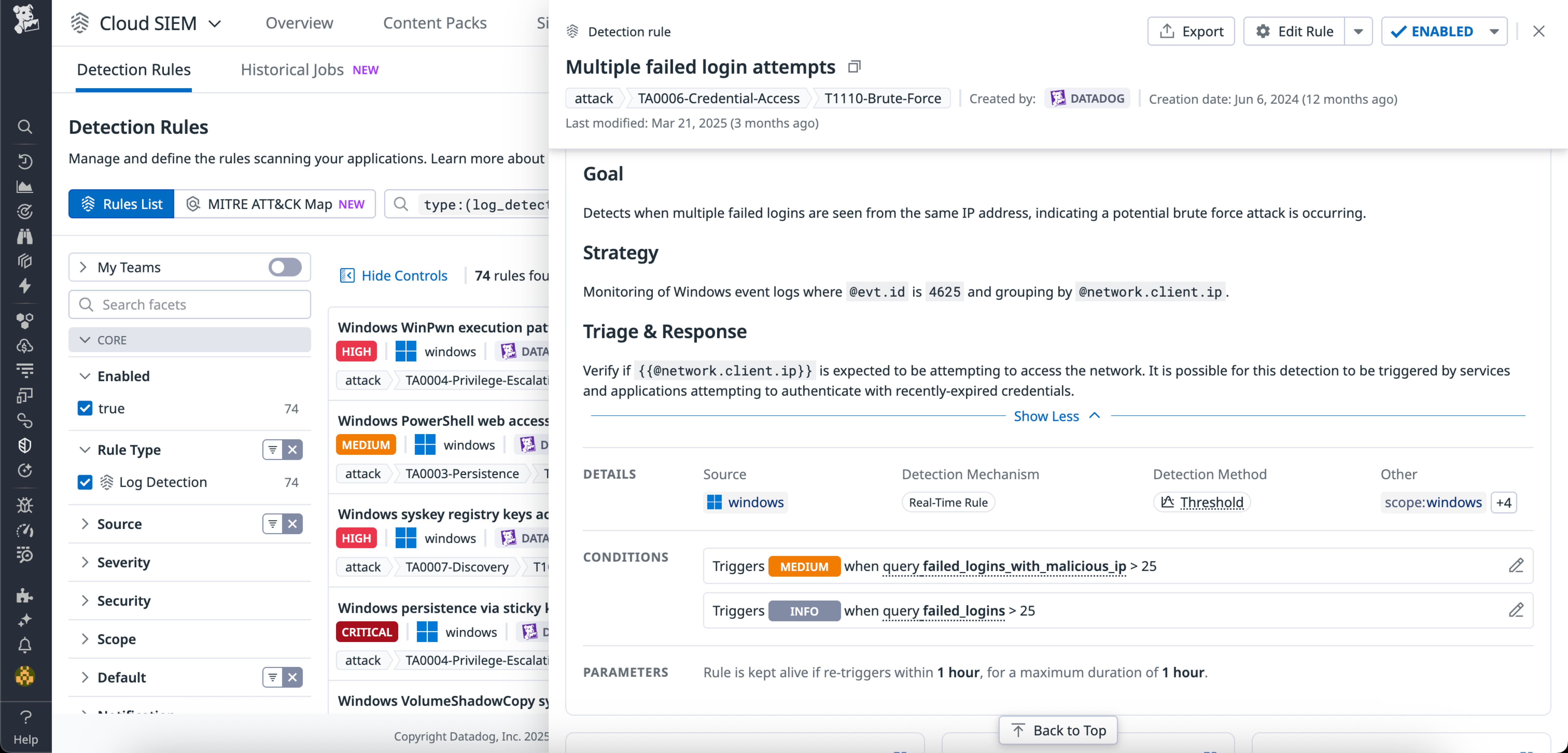 Datadog Cloud SIEM rule details panel showing logic and playbook for detecting primary email updates via suspicious CloudTrail API activity. Datadog Cloud SIEM rule details panel showing logic and playbook for detecting primary email updates via suspicious CloudTrail API activity.