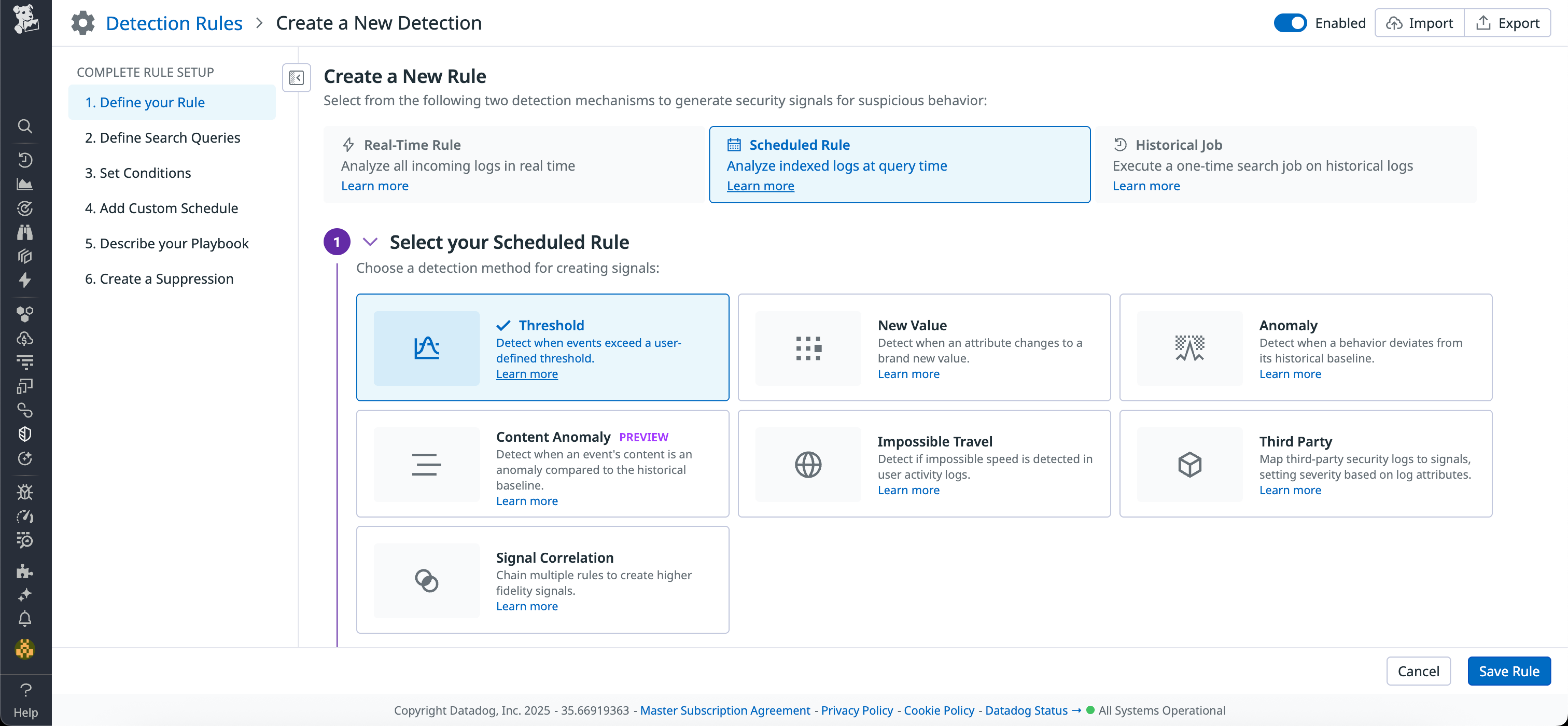 Datadog detection rule creation screen with Scheduled Rule selected and New Value chosen to detect attribute changes in indexed logs.