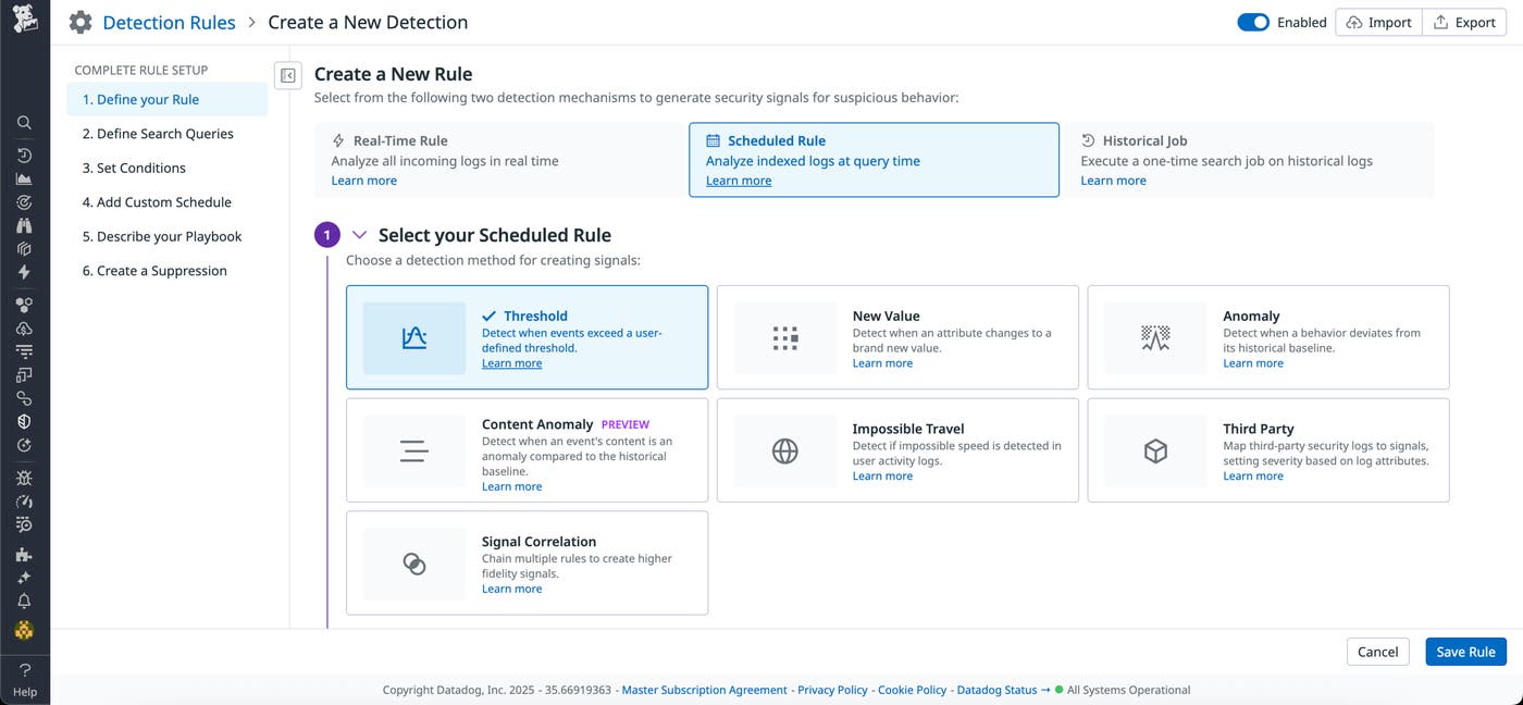 Datadog detection rule creation screen with Scheduled Rule selected and New Value chosen to detect attribute changes in indexed logs. Datadog detection rule creation screen with Scheduled Rule selected and New Value chosen to detect attribute changes in indexed logs.