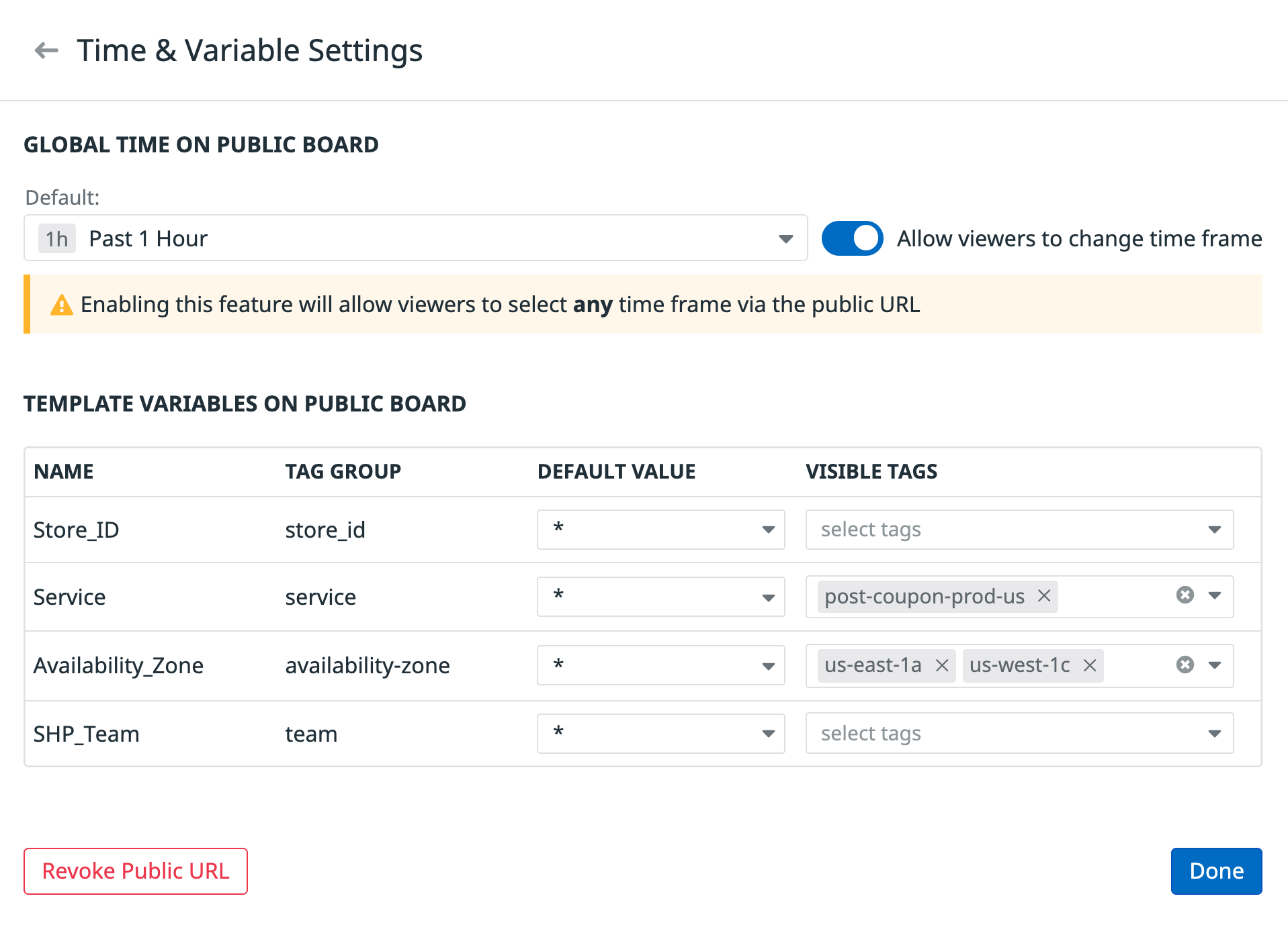 In Time & Variable Settings, you can select the time frame and tags to make available to viewers.