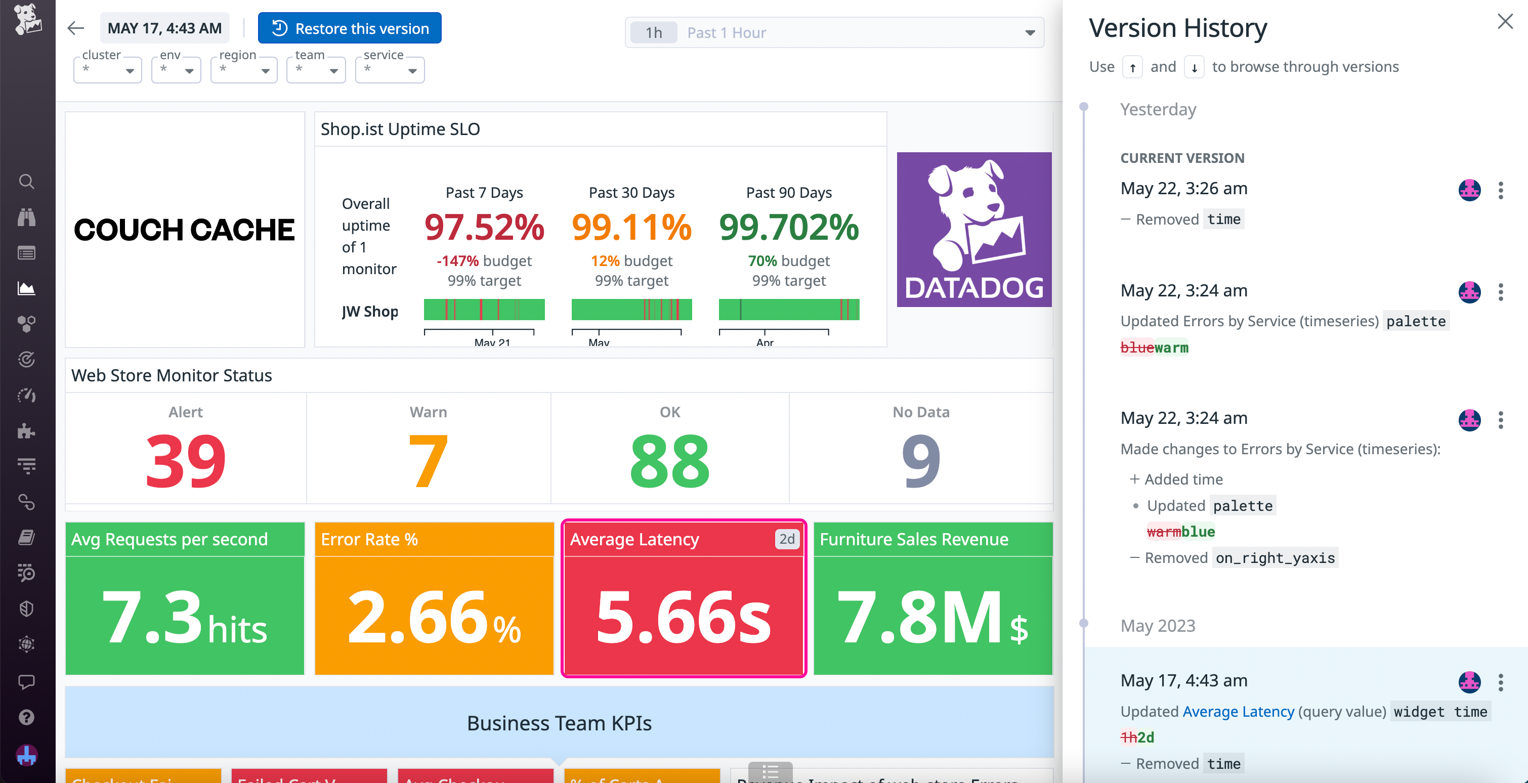 Version history on a dashboard, showing a version with an updated widget.