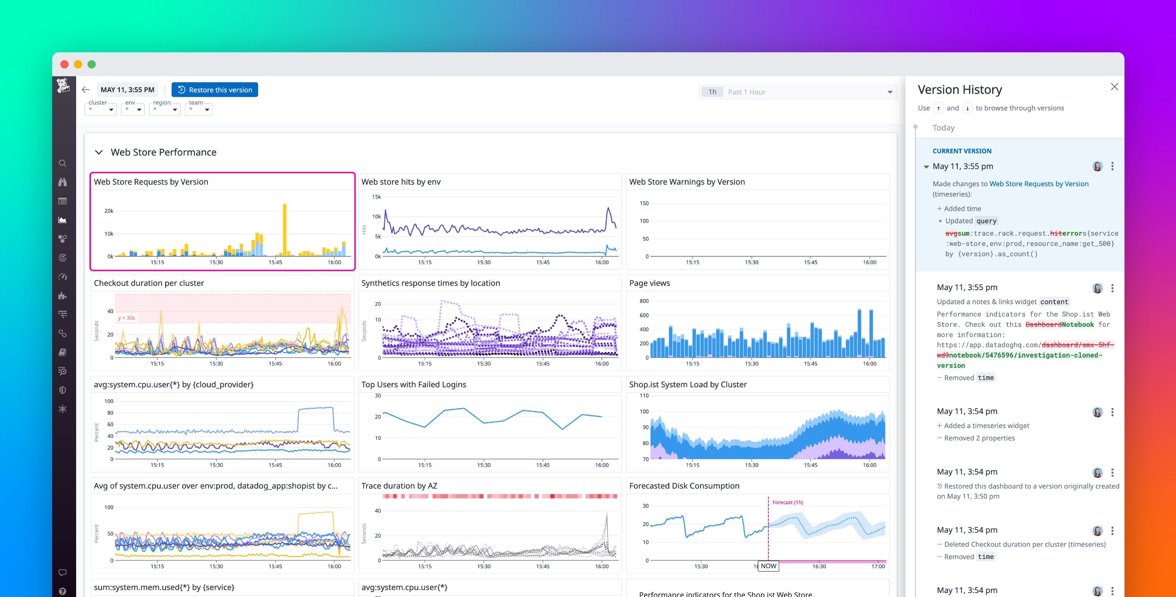 Track changes to Datadog dashboards and notebooks with version history