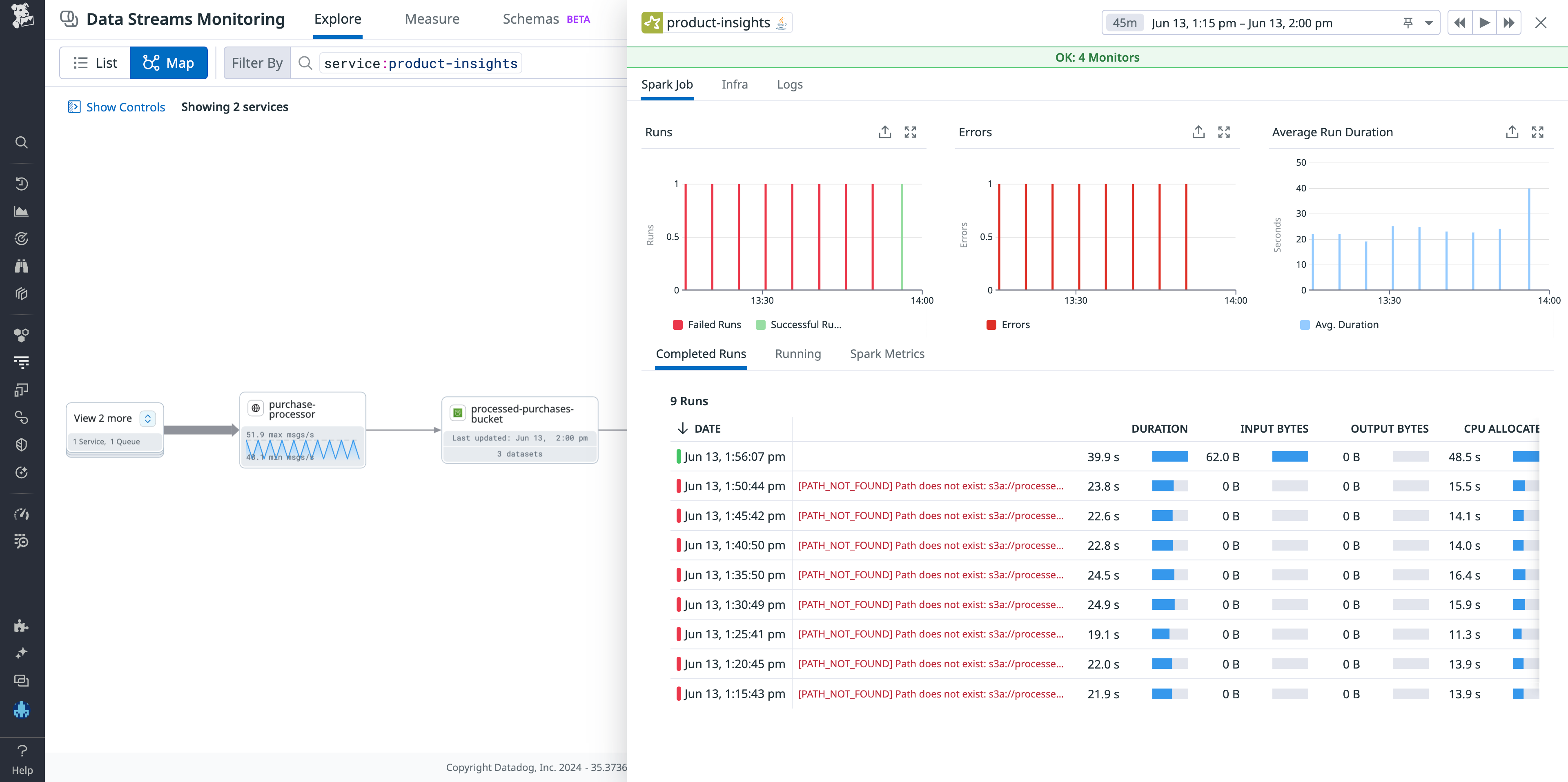 S3 nodes show freshness, volume, as well as last read or write.