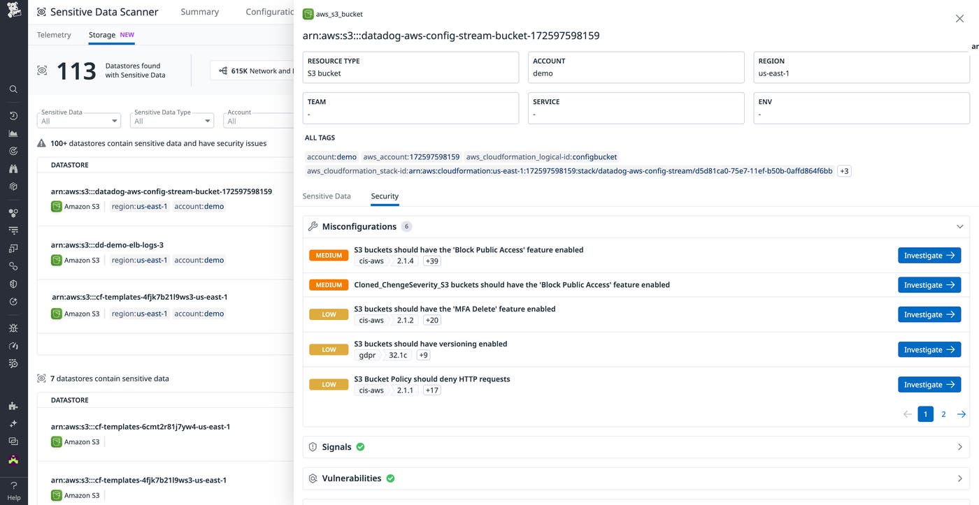 Detail side panel showcasing data store security issues in Data Security Detail side panel showcasing data store security issues in Data Security
