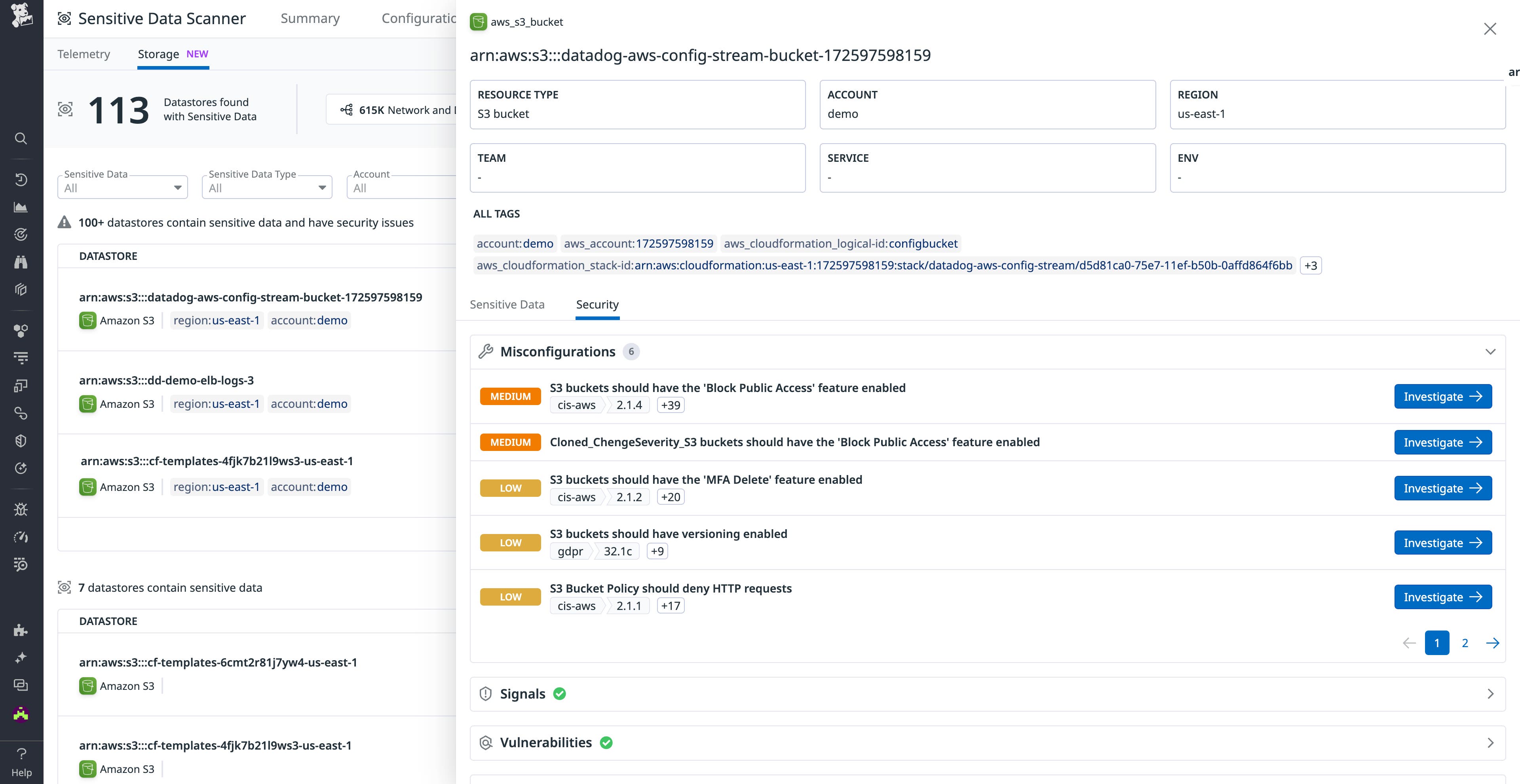 Detail side panel showcasing data store security issues in Data Security Detail side panel showcasing data store security issues in Data Security