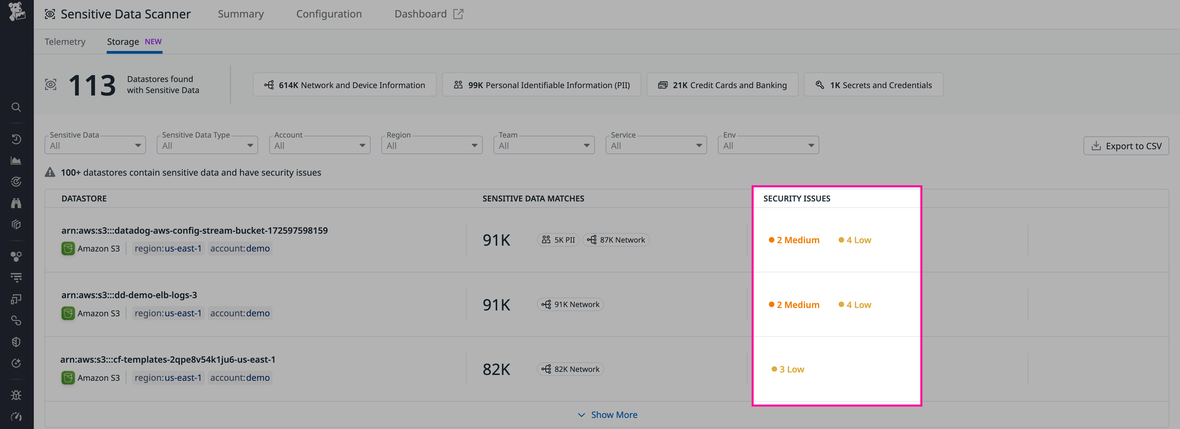Quickly find data stores containing sensitive data as well as security issues in Data Security