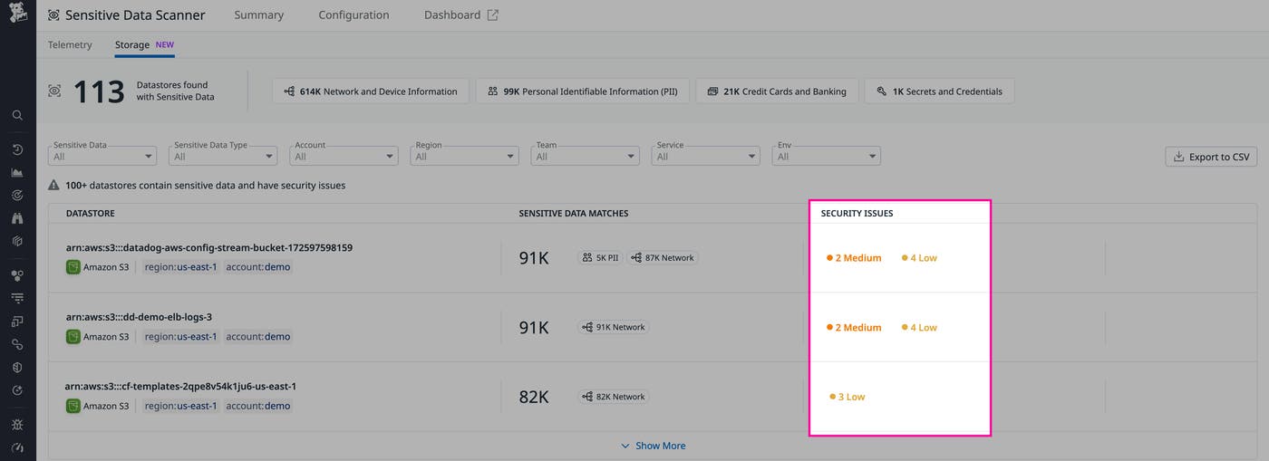 Quickly find data stores containing sensitive data as well as security issues in Data Security Quickly find data stores containing sensitive data as well as security issues in Data Security