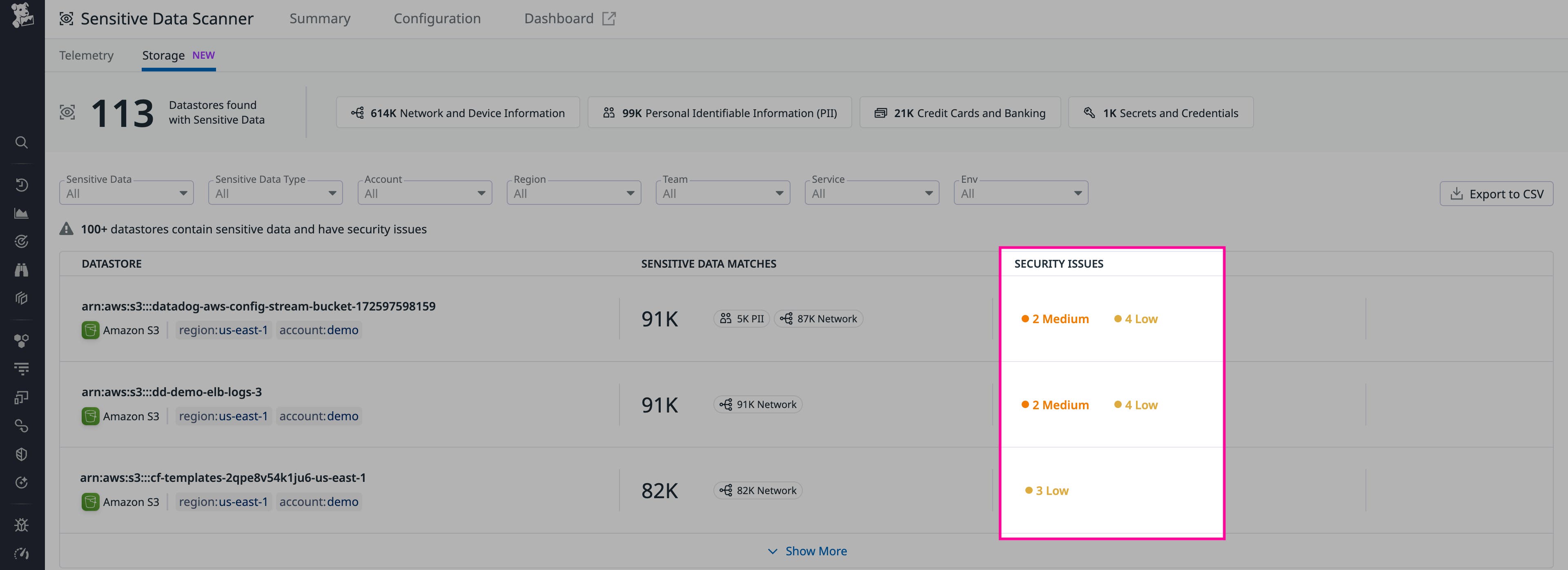 Quickly find data stores containing sensitive data as well as security issues in Data Security Quickly find data stores containing sensitive data as well as security issues in Data Security