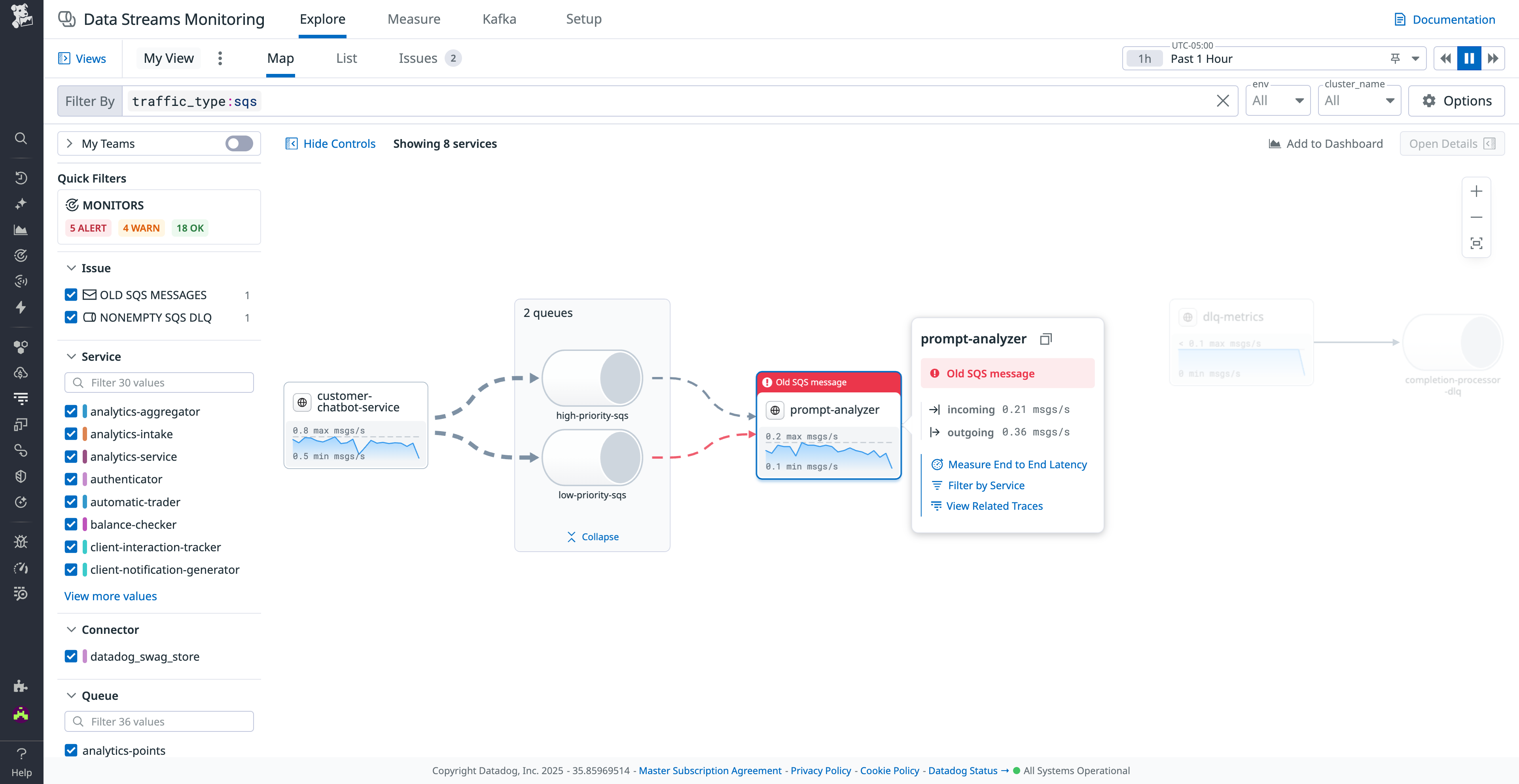 The DSM map displays throughput and other important information for each service