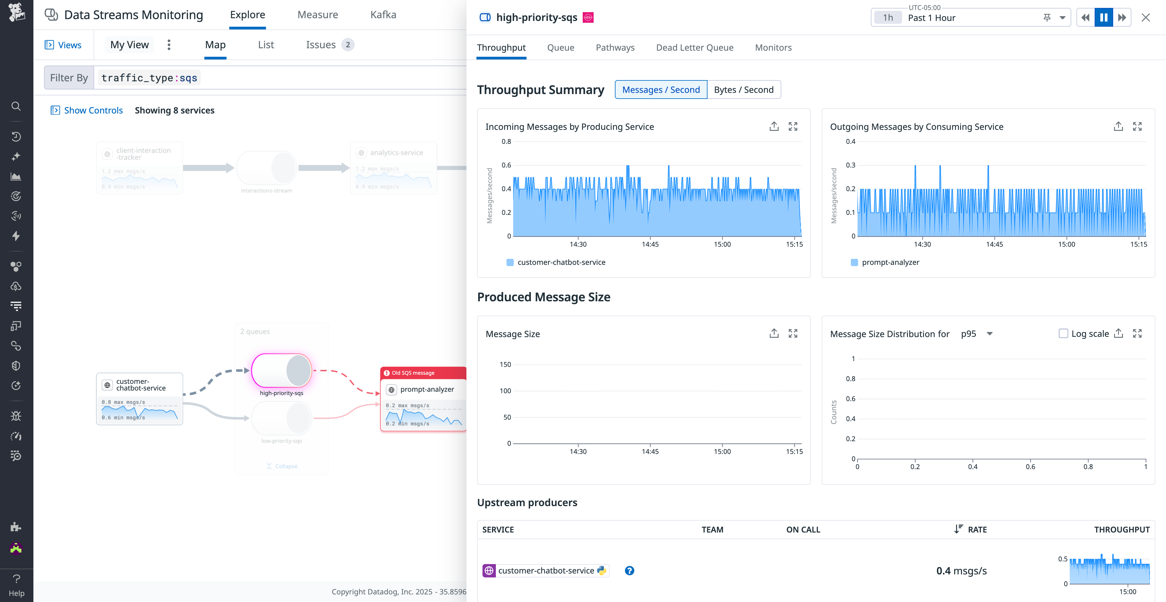 The Throughput Summary provides a breakdown of key data on each upstream producer and downstream consumer service