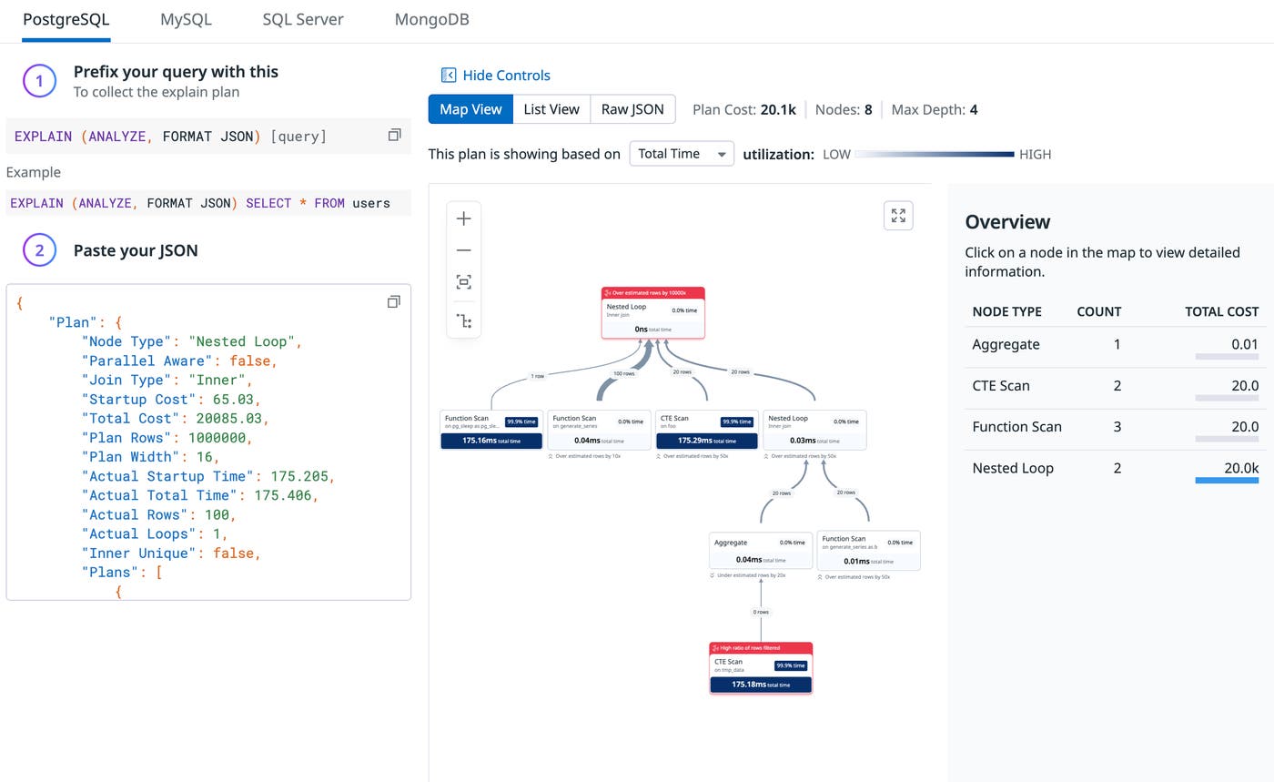 Datadog PostgreSQL EXPLAIN ANALYZE plan map highlighting nodes and costs. Datadog PostgreSQL EXPLAIN ANALYZE plan map highlighting nodes and costs.