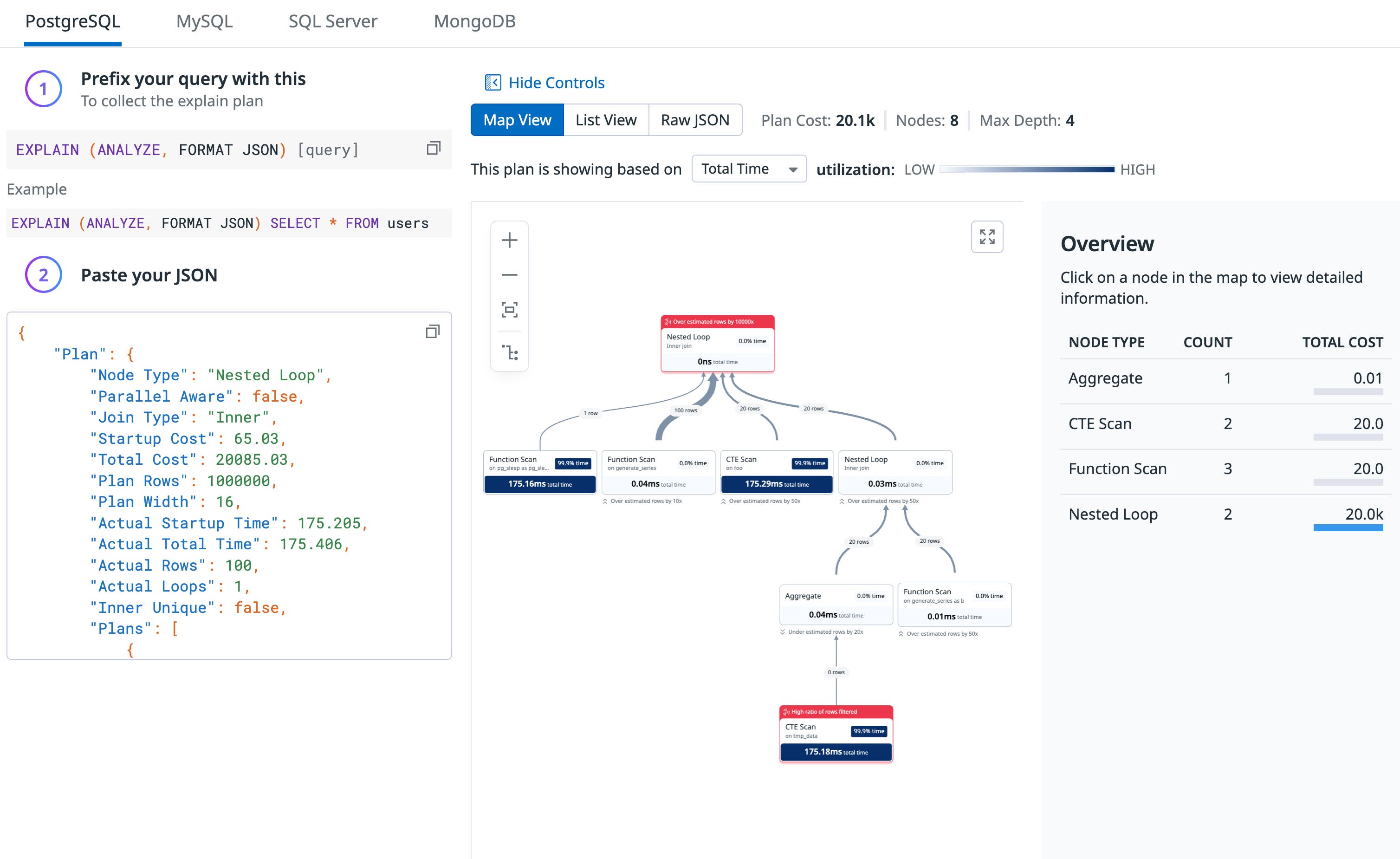 Datadog PostgreSQL EXPLAIN ANALYZE plan map highlighting nodes and costs. Datadog PostgreSQL EXPLAIN ANALYZE plan map highlighting nodes and costs.