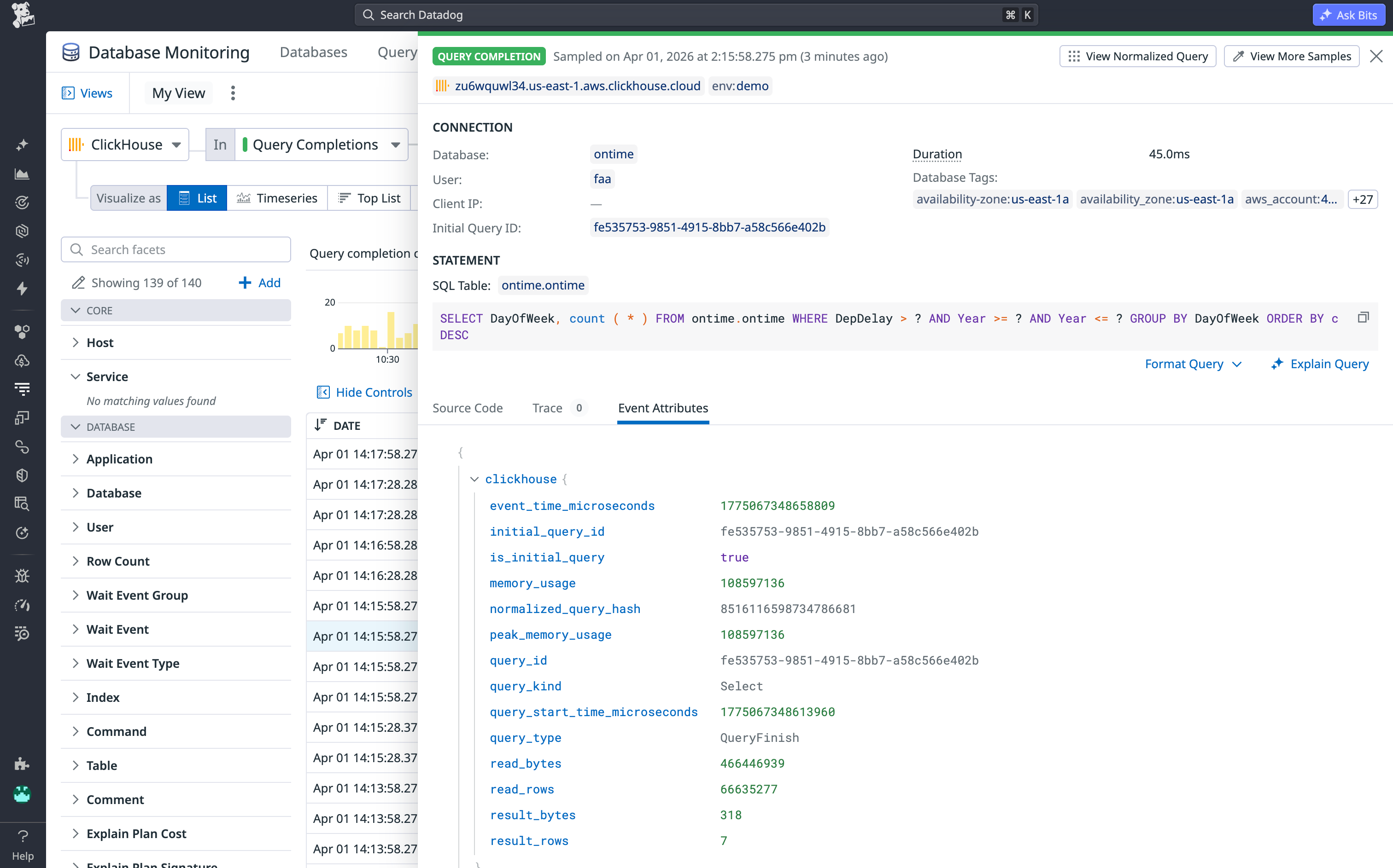 A completed query sample showing execution duration, memory usage, and event attributes.